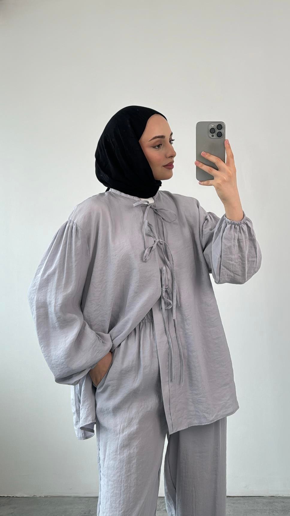 Tencel Önden Bağlamalı Kimonolu Takım Gri