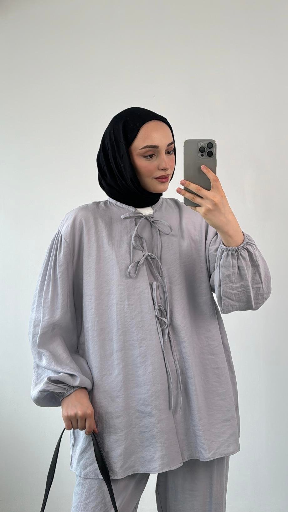 Tencel Önden Bağlamalı Kimonolu Takım Gri