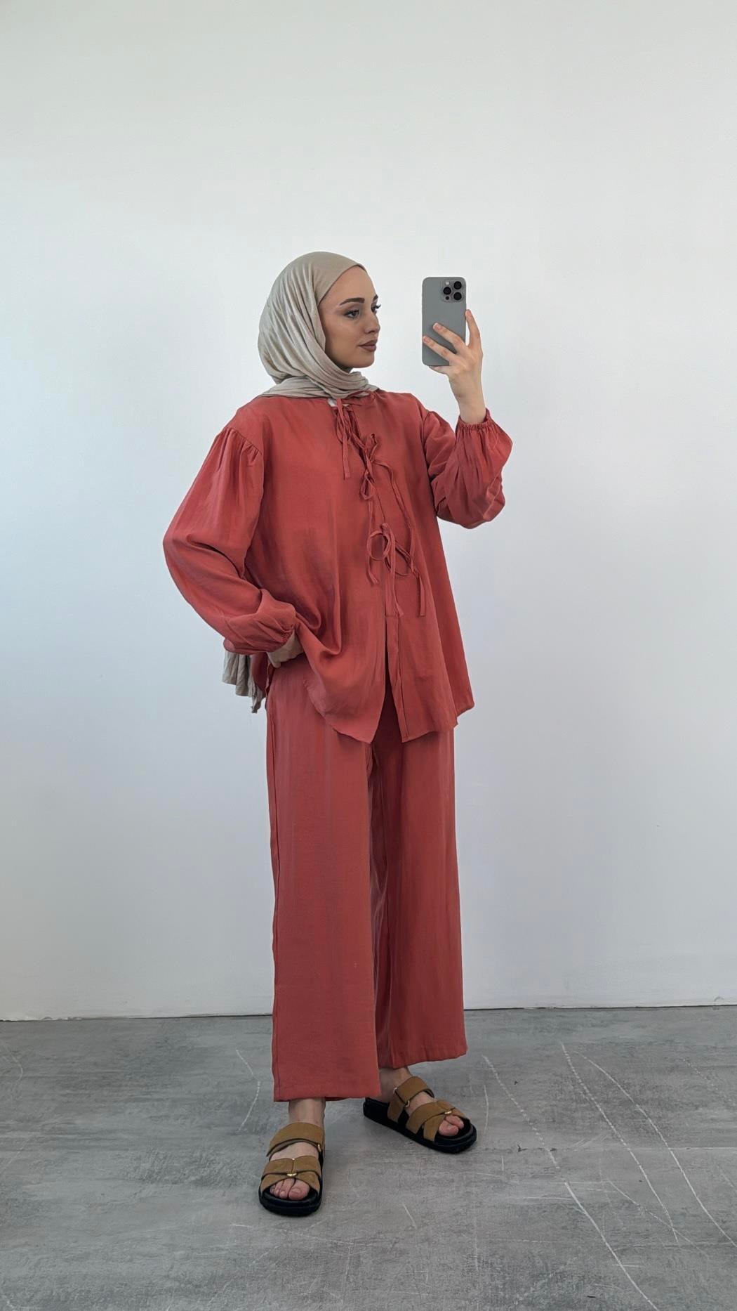 Tencel Önden Bağlamalı Kimonolu Takım  Kiremit