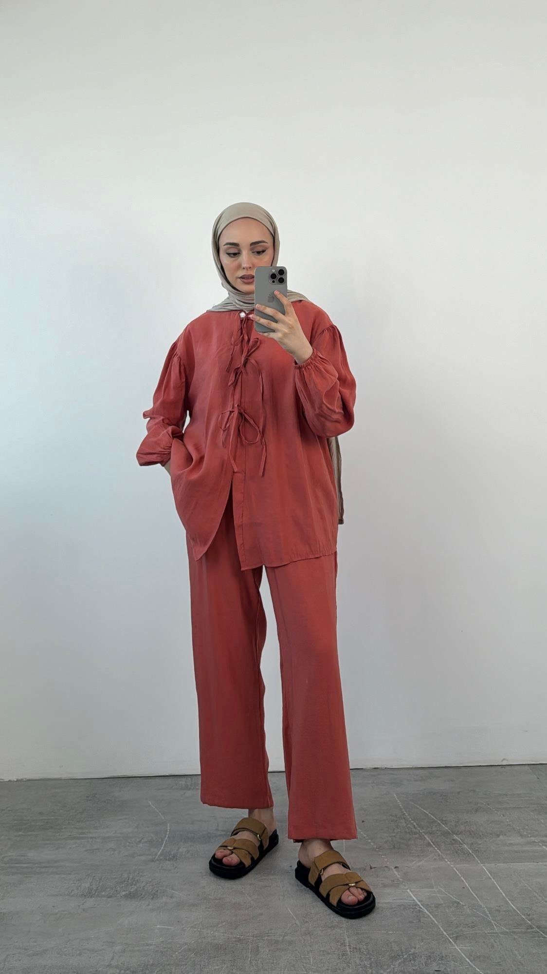 Tencel Önden Bağlamalı Kimonolu Takım  Kiremit