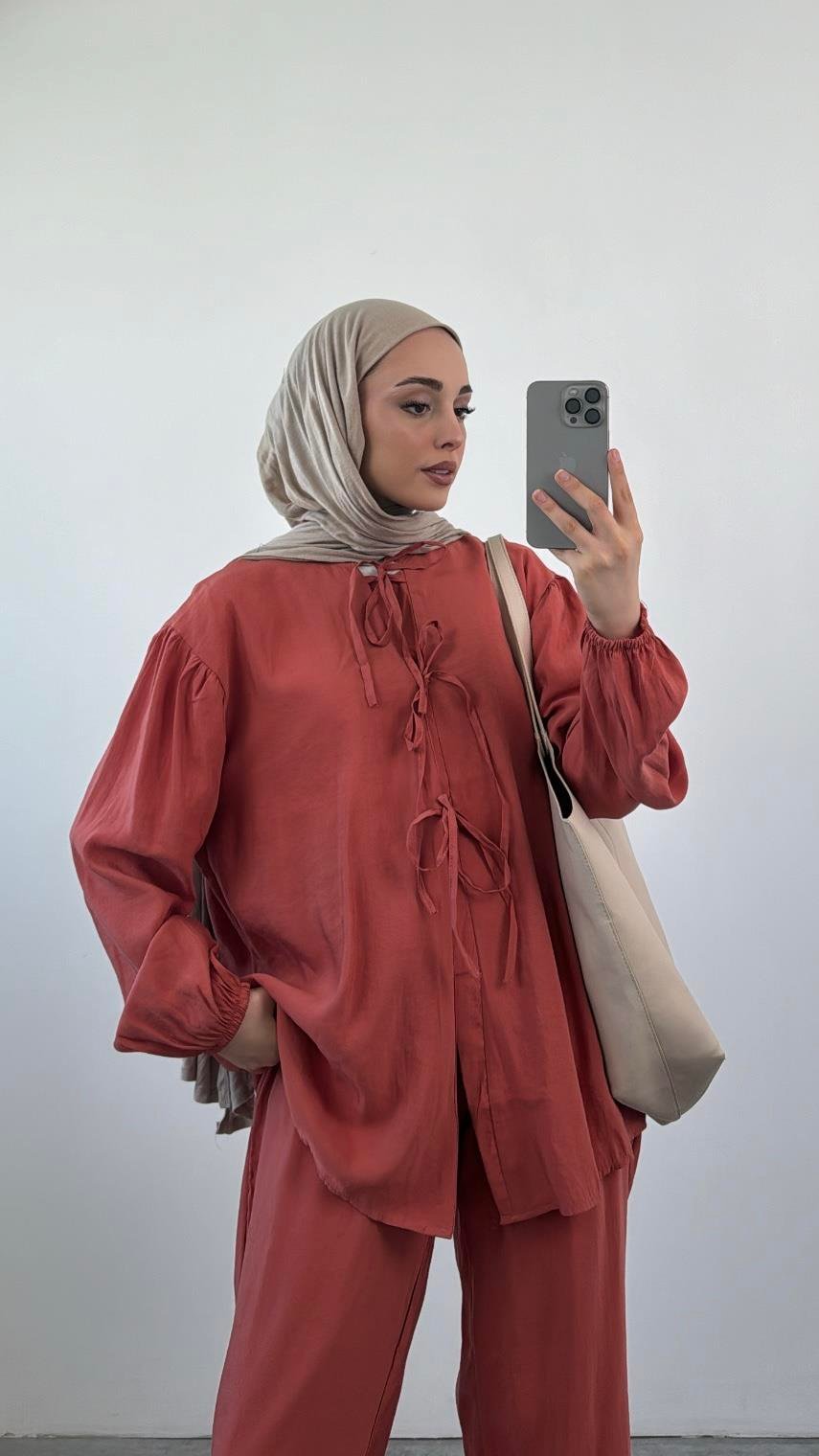 Tencel Önden Bağlamalı Kimonolu Takım  Kiremit