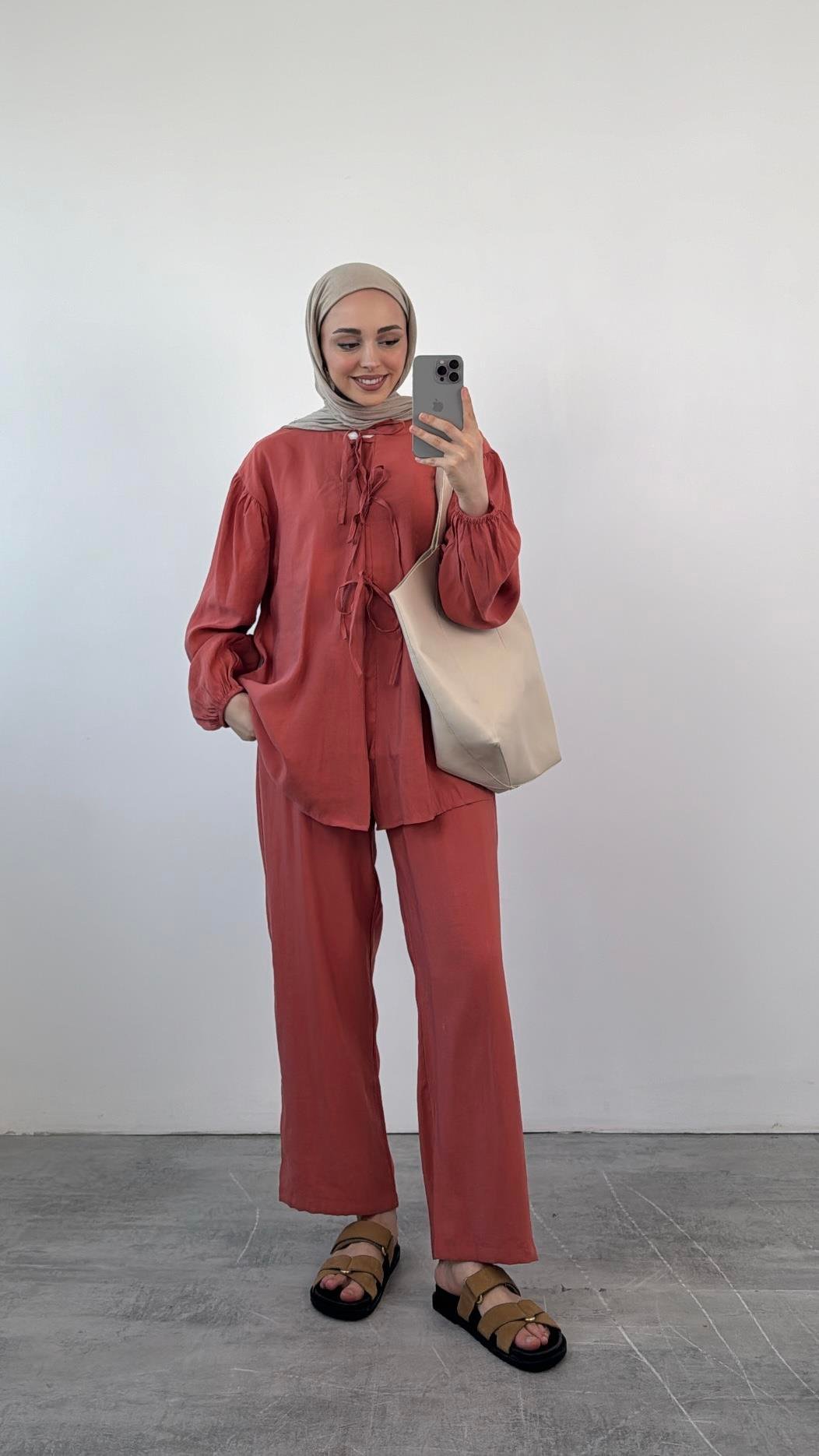 Tencel Önden Bağlamalı Kimonolu Takım  Kiremit