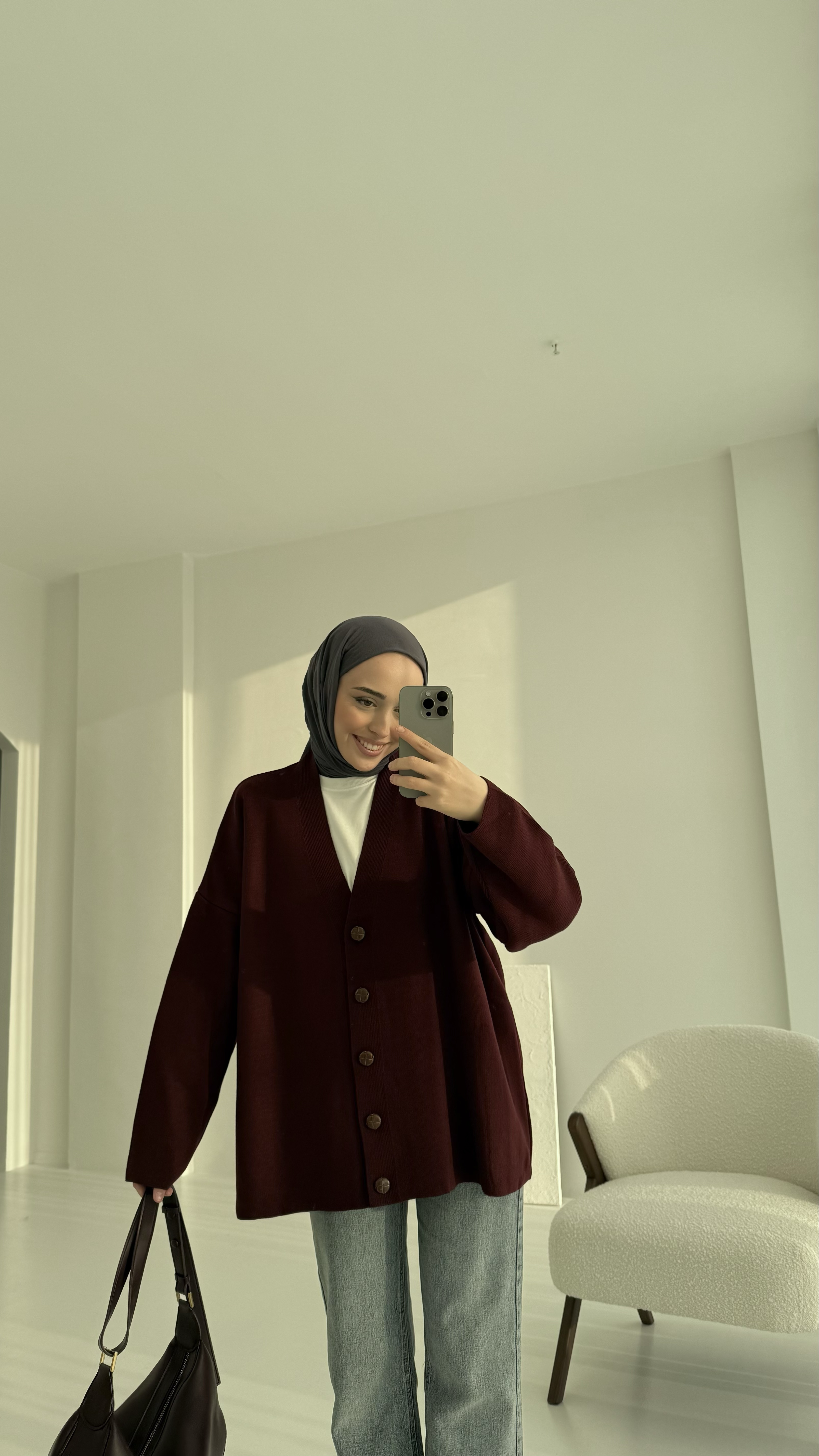 V Yaka Düz Hırka Bordo