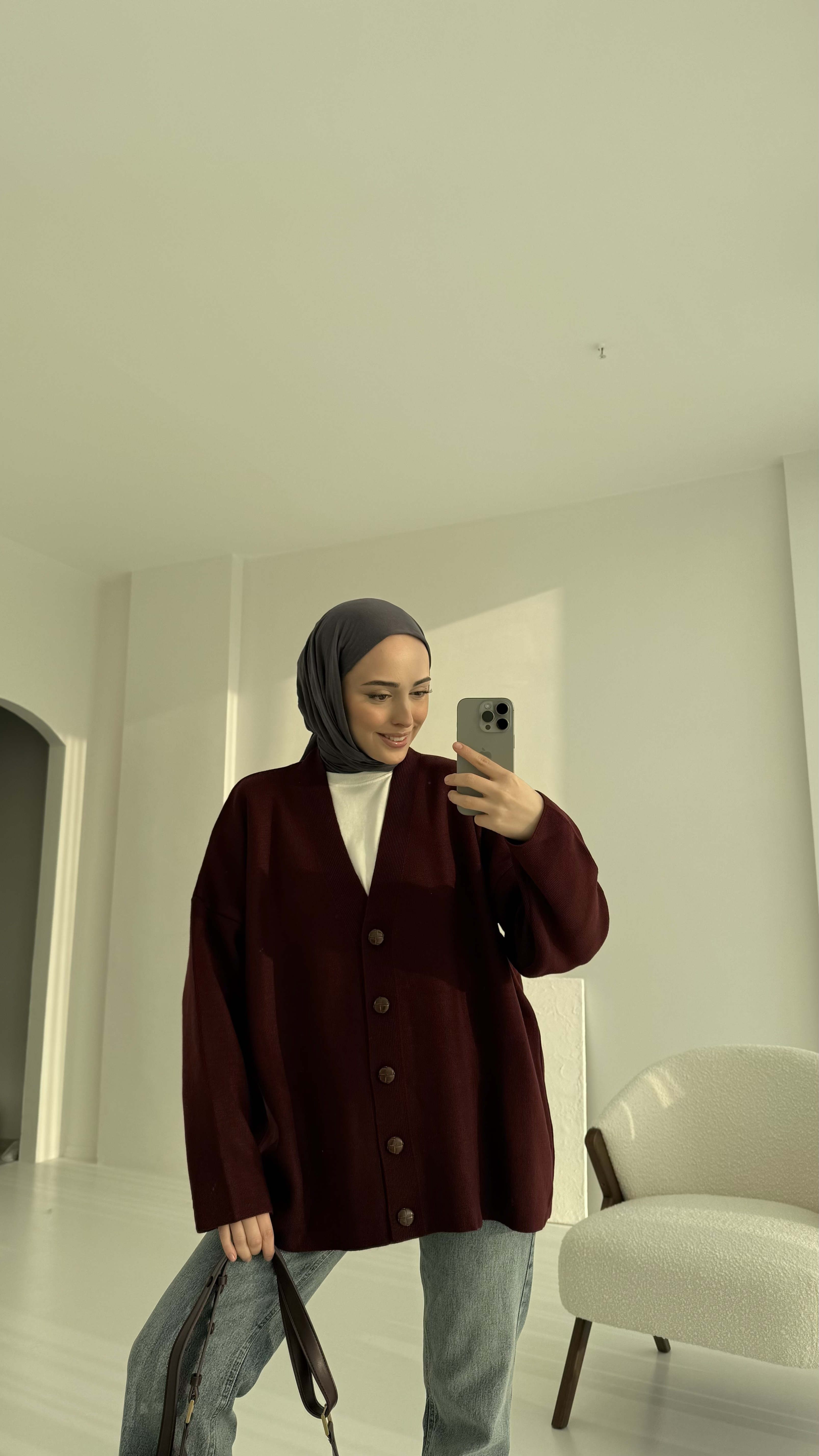 V Yaka Düz Hırka Bordo