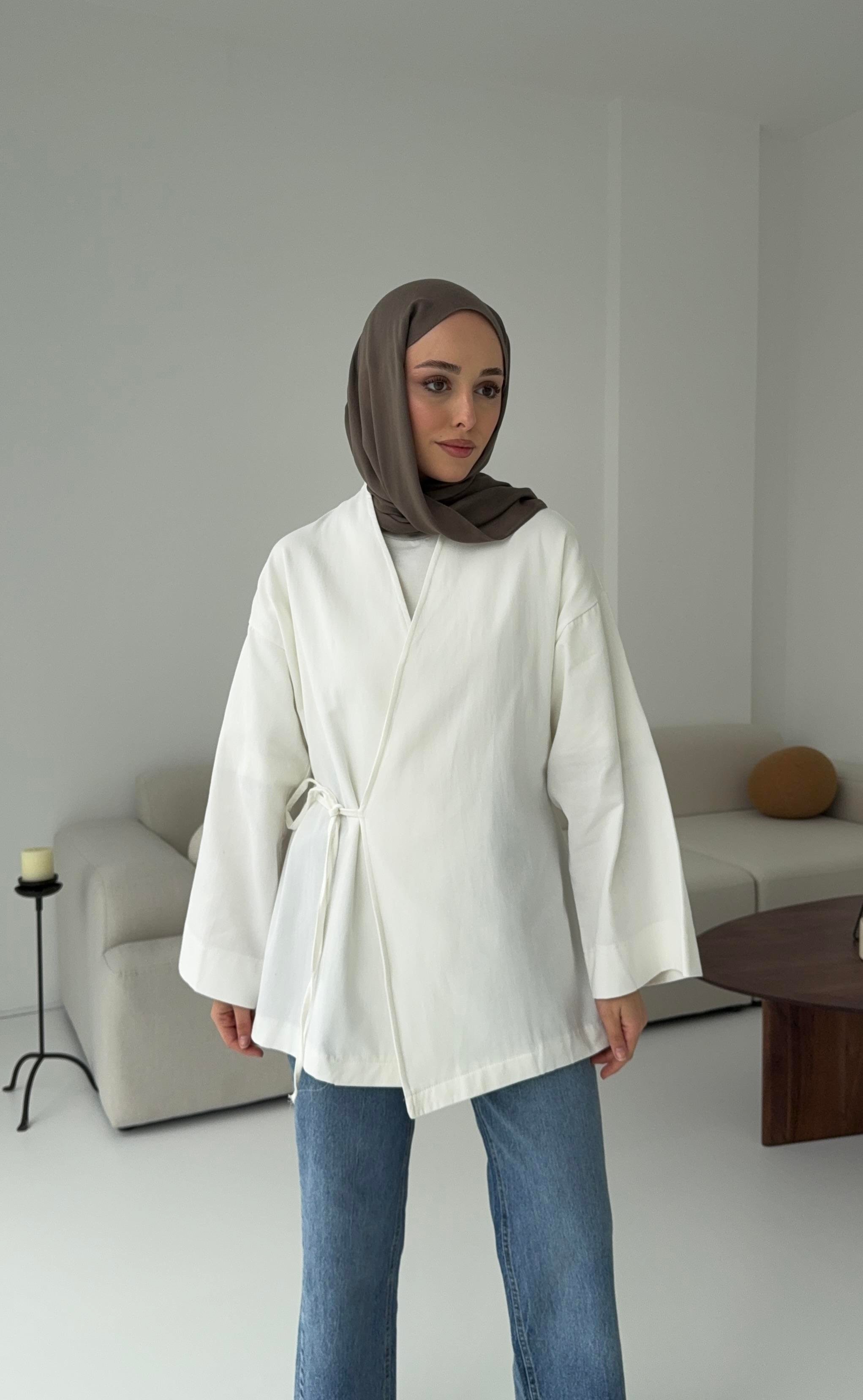Yandan Bağlama Kimono Beyaz