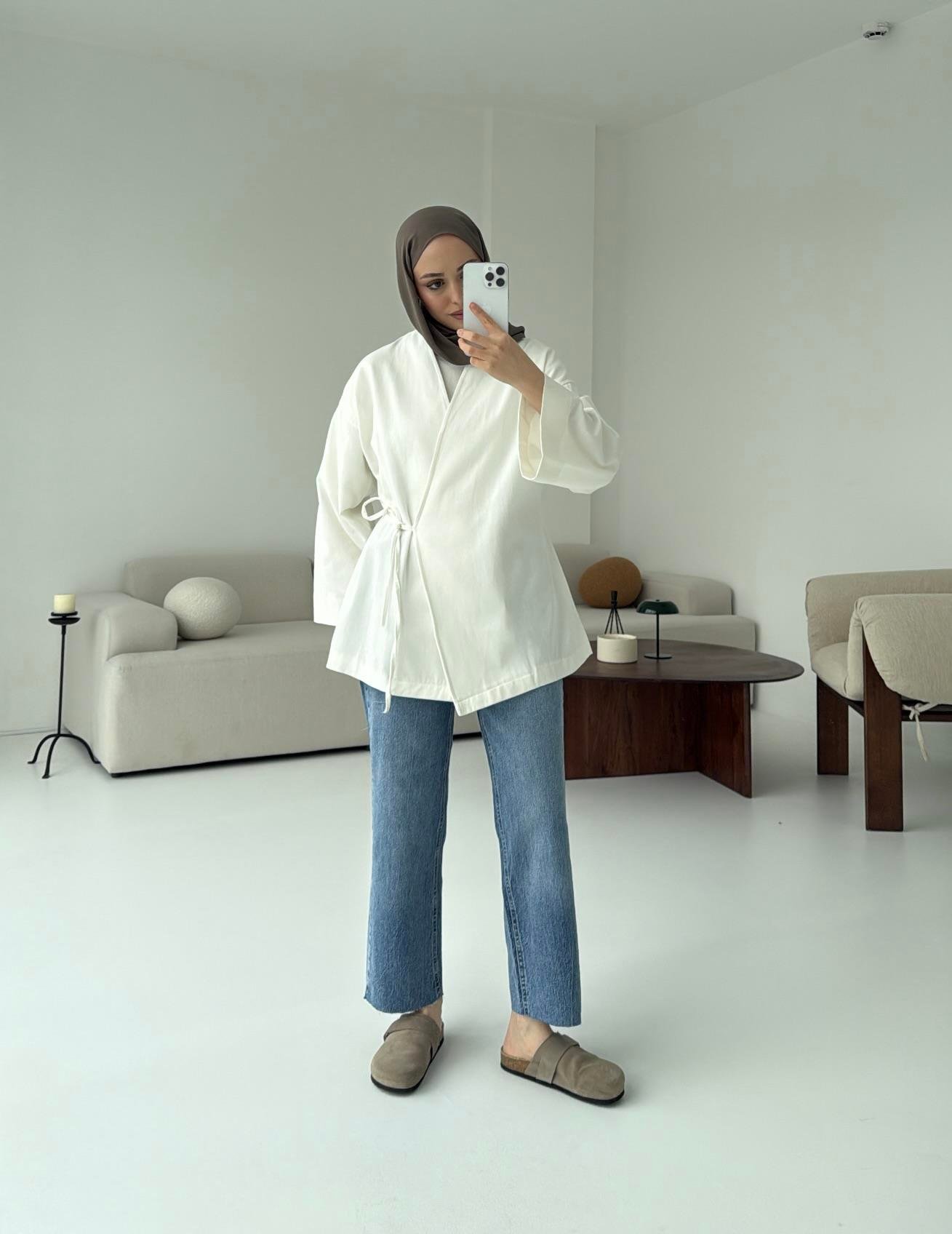 Yandan Bağlama Kimono Beyaz