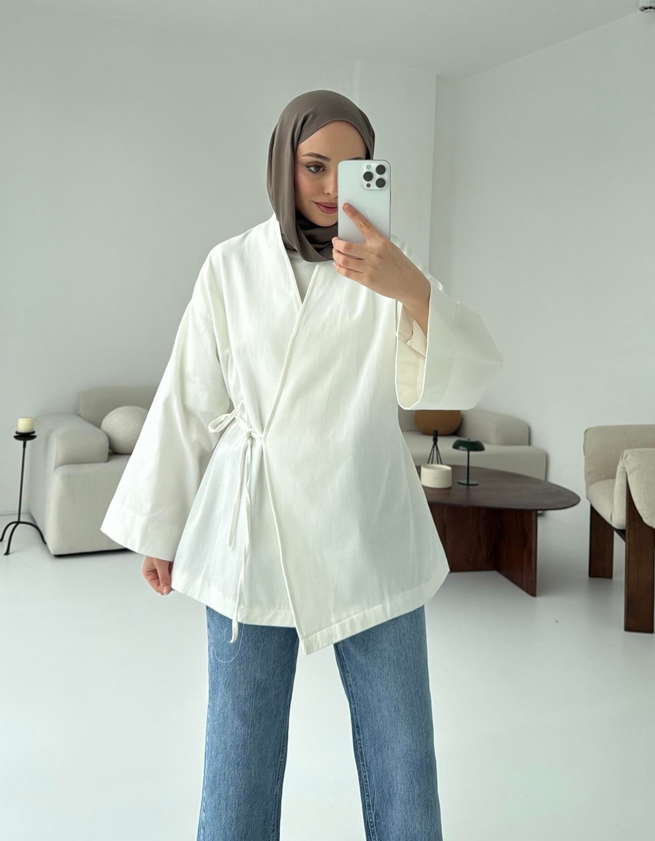 Yandan Bağlama Kimono Beyaz