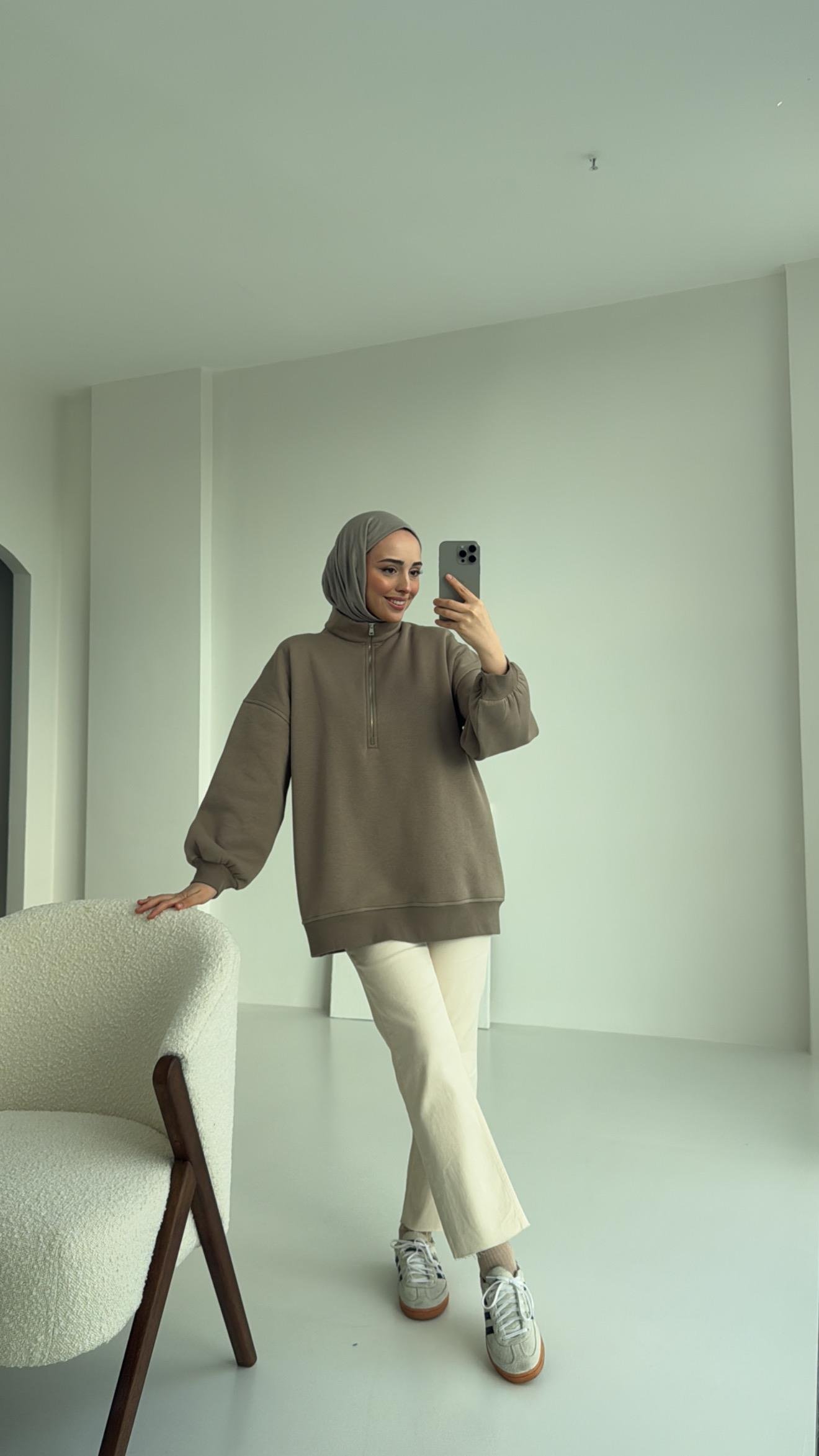 Yarım Zip Sweatshirt Vizon