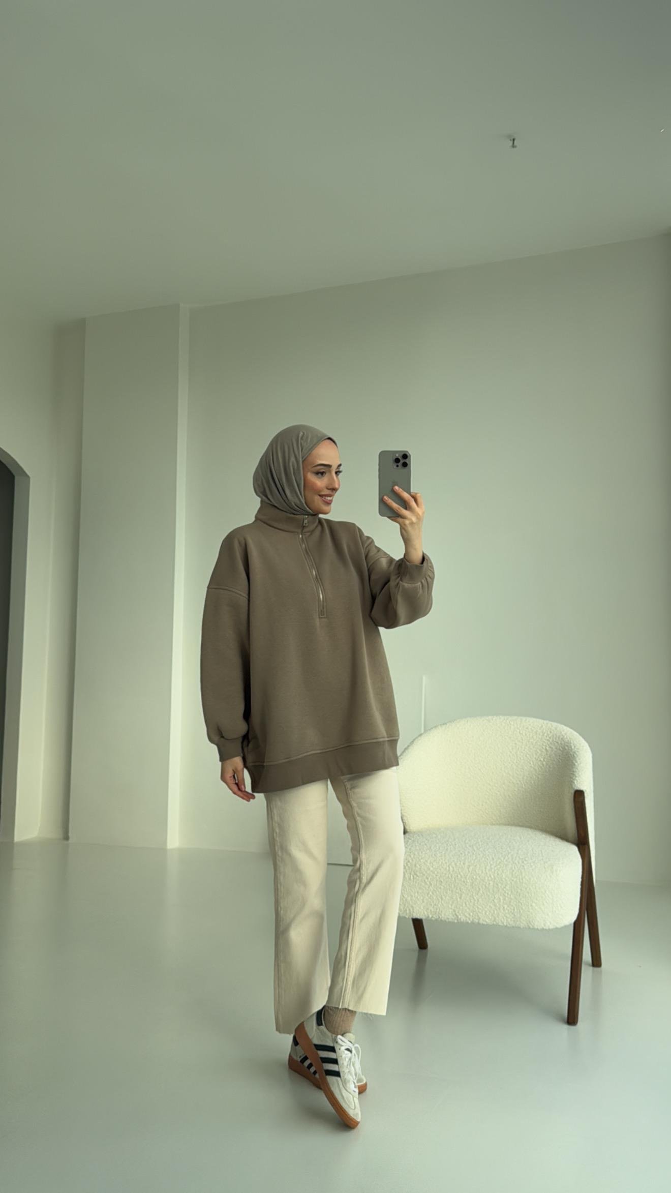 Yarım Zip Sweatshirt Vizon