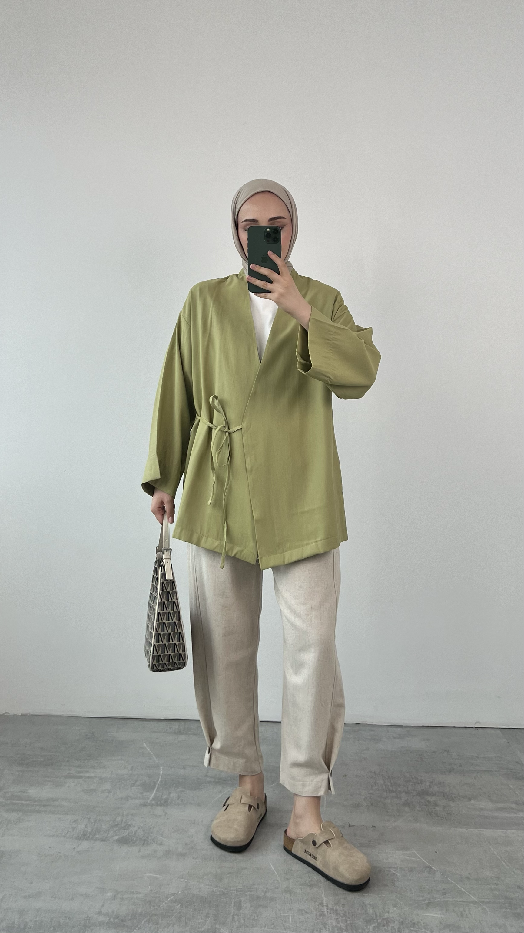 Yazlık Kumaş Yandan Bağlamalı Kimono Açık Yeşil