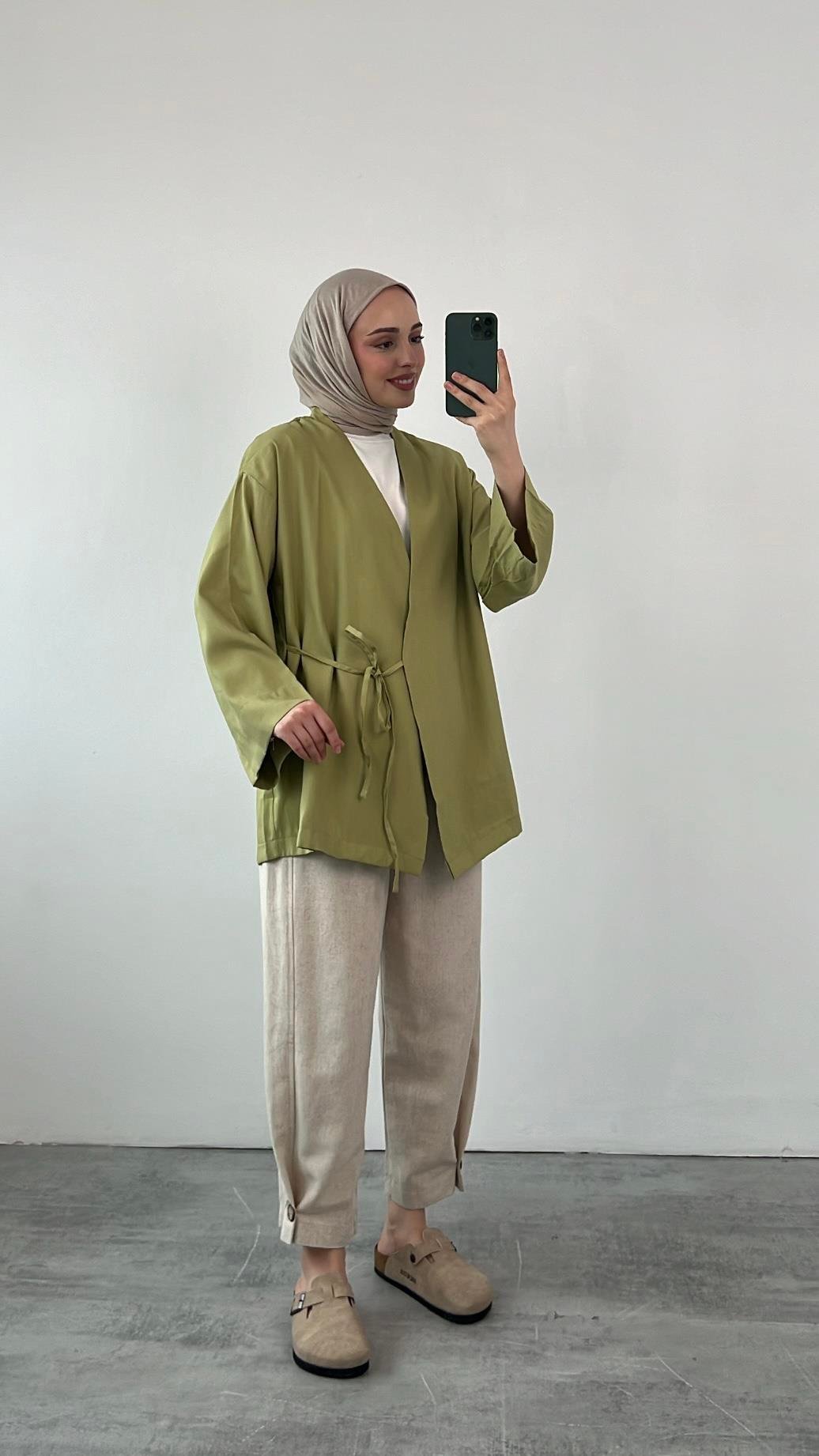 Yazlık Kumaş Yandan Bağlamalı Kimono Açık Yeşil