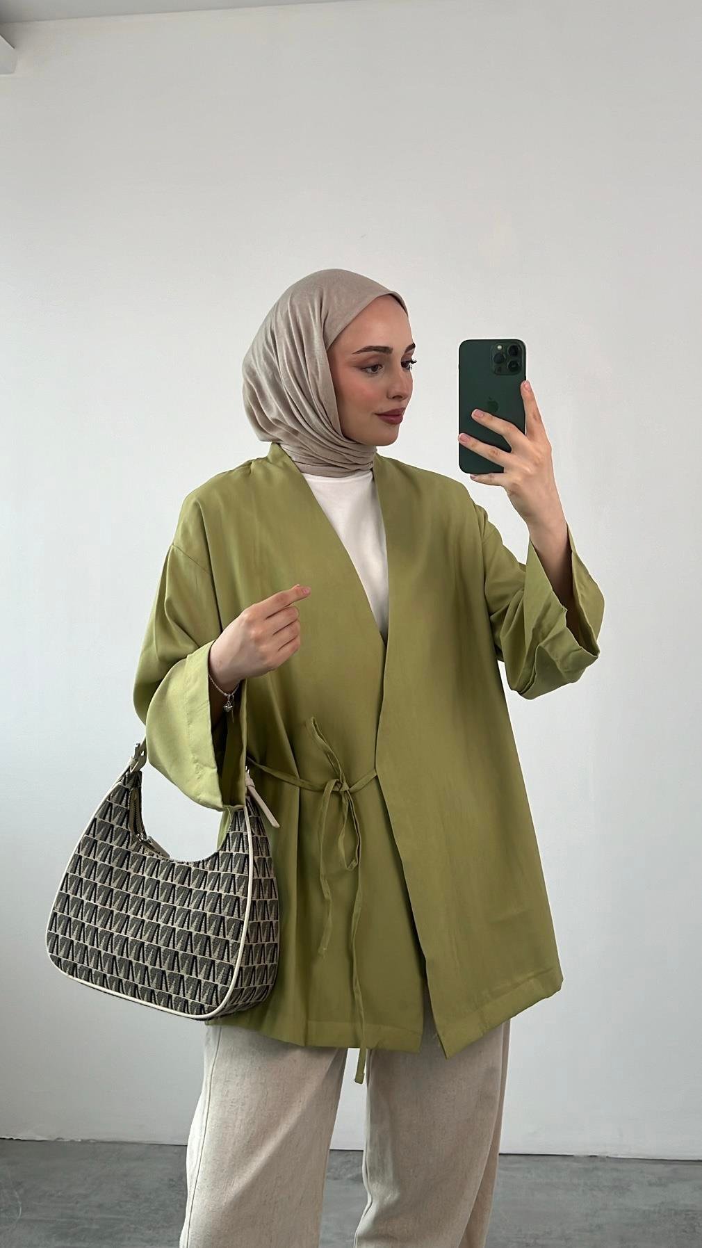 Yazlık Kumaş Yandan Bağlamalı Kimono Açık Yeşil