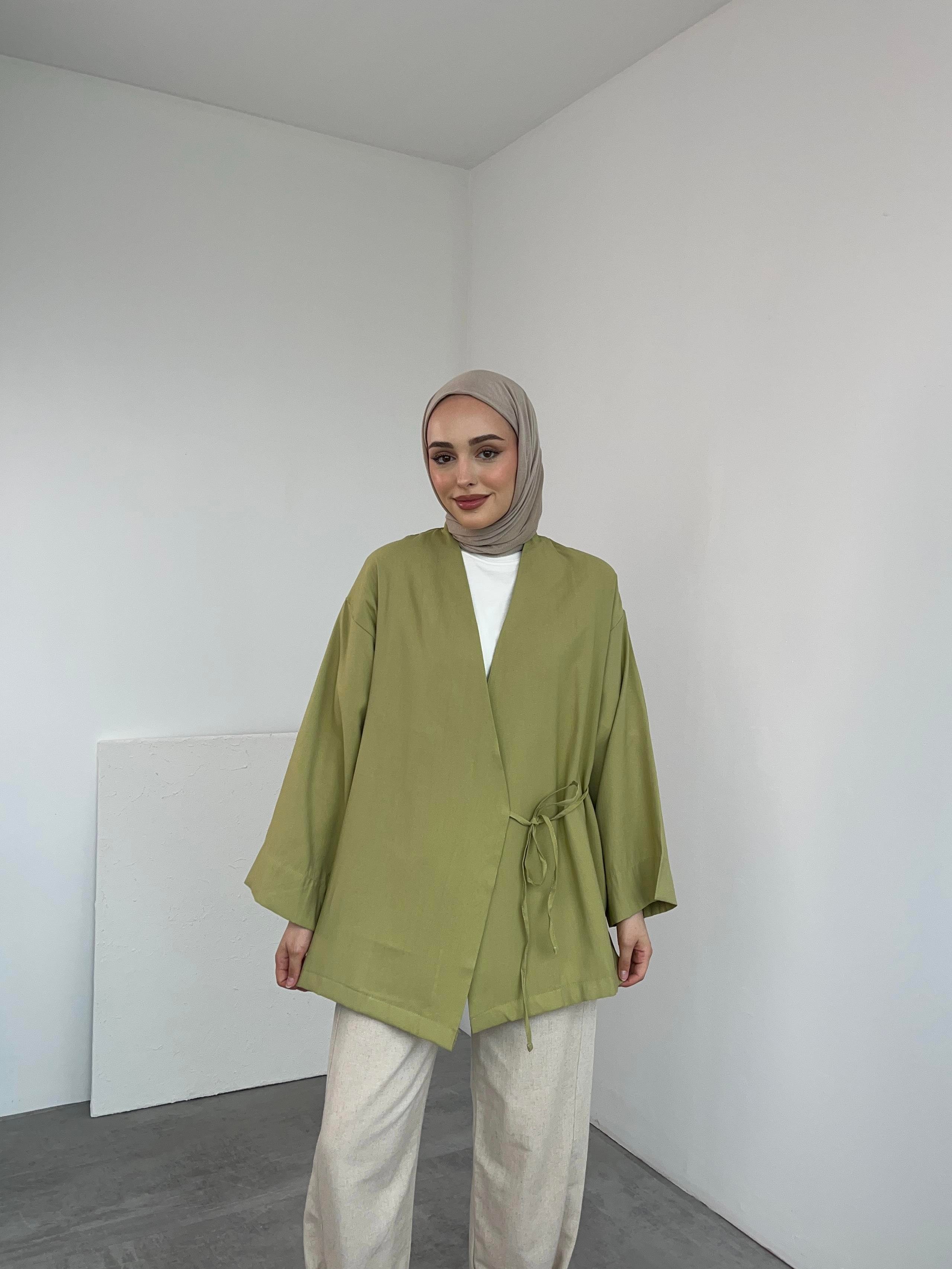Yazlık Kumaş Yandan Bağlamalı Kimono Açık Yeşil