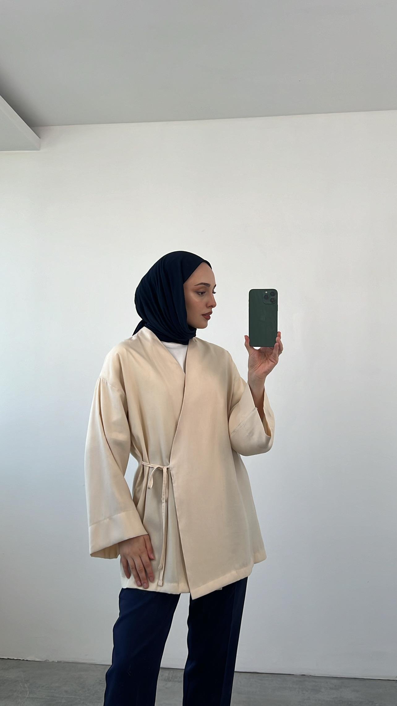 Yazlık Kumaş Yandan Bağlamalı Kimono Bej