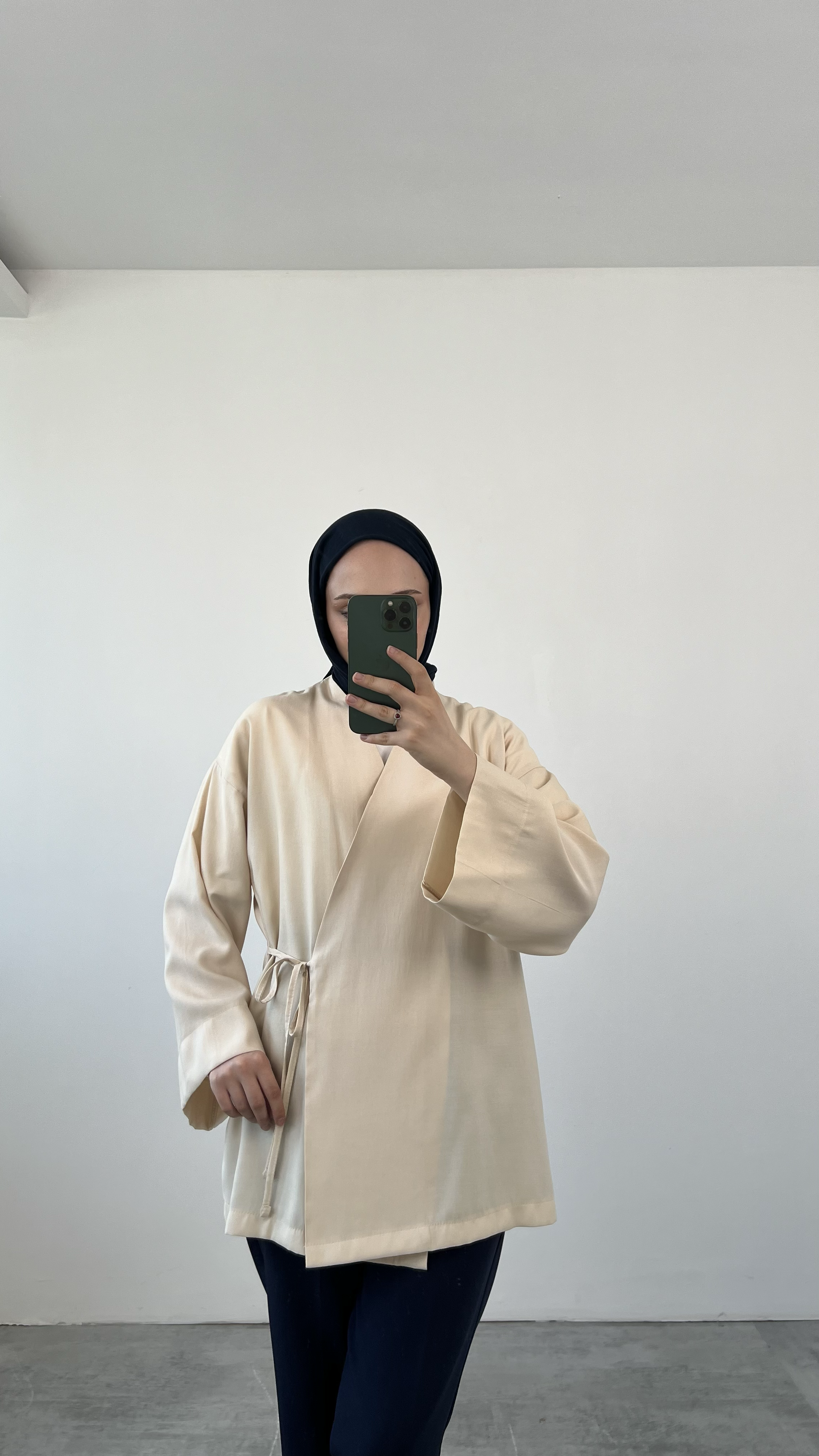 Yazlık Kumaş Yandan Bağlamalı Kimono Bej