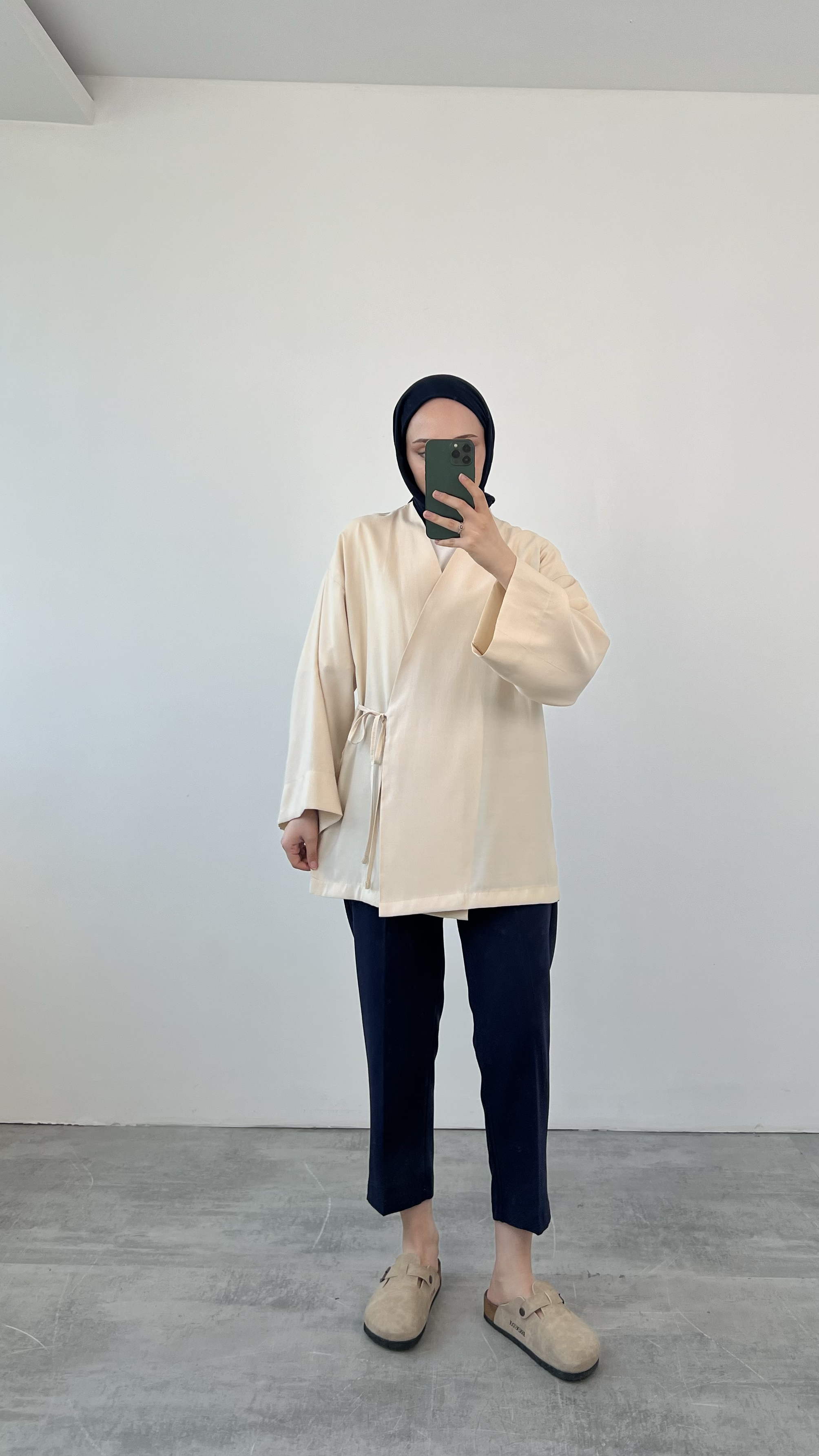 Yazlık Kumaş Yandan Bağlamalı Kimono Bej