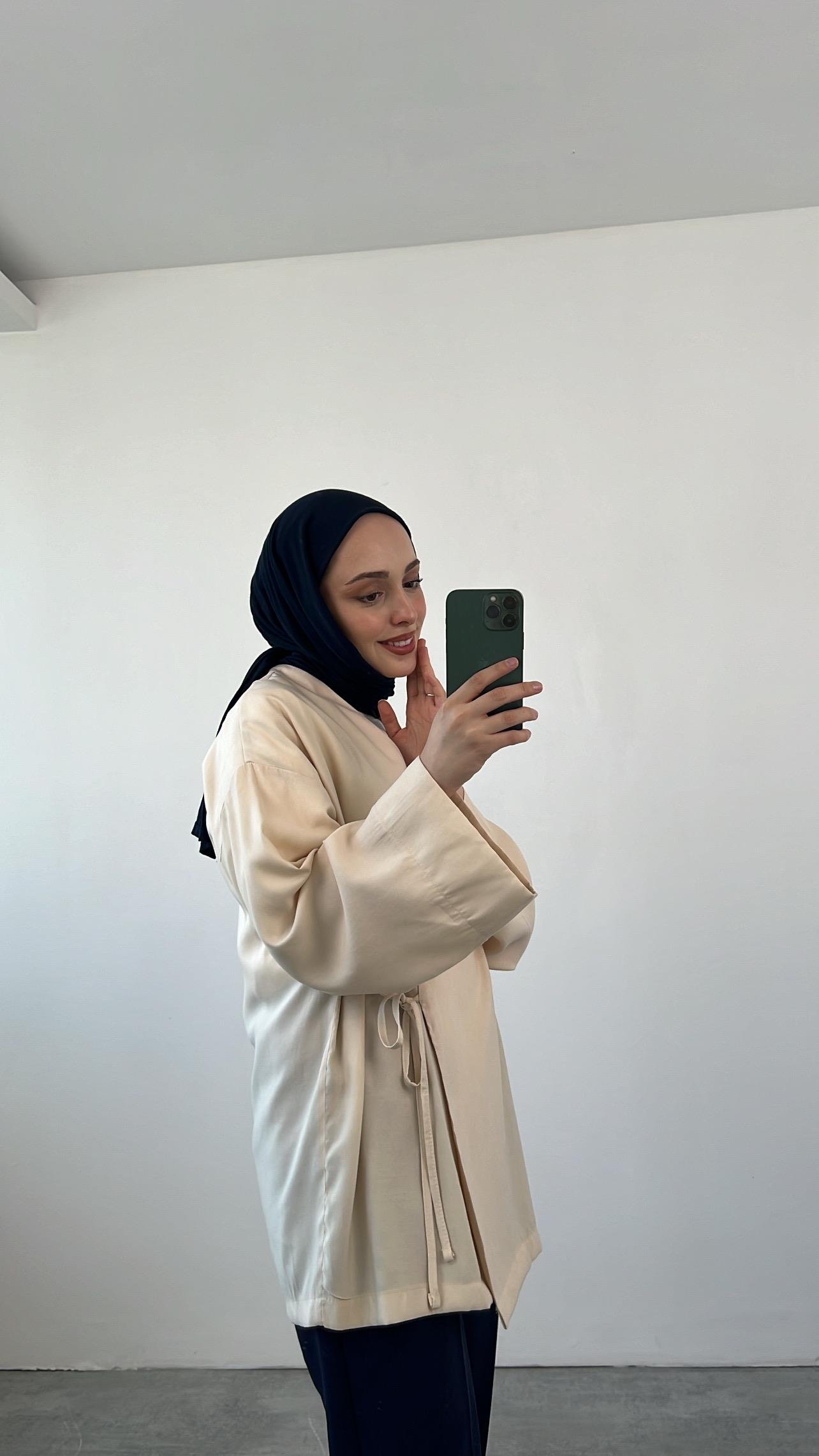 Yazlık Kumaş Yandan Bağlamalı Kimono Bej