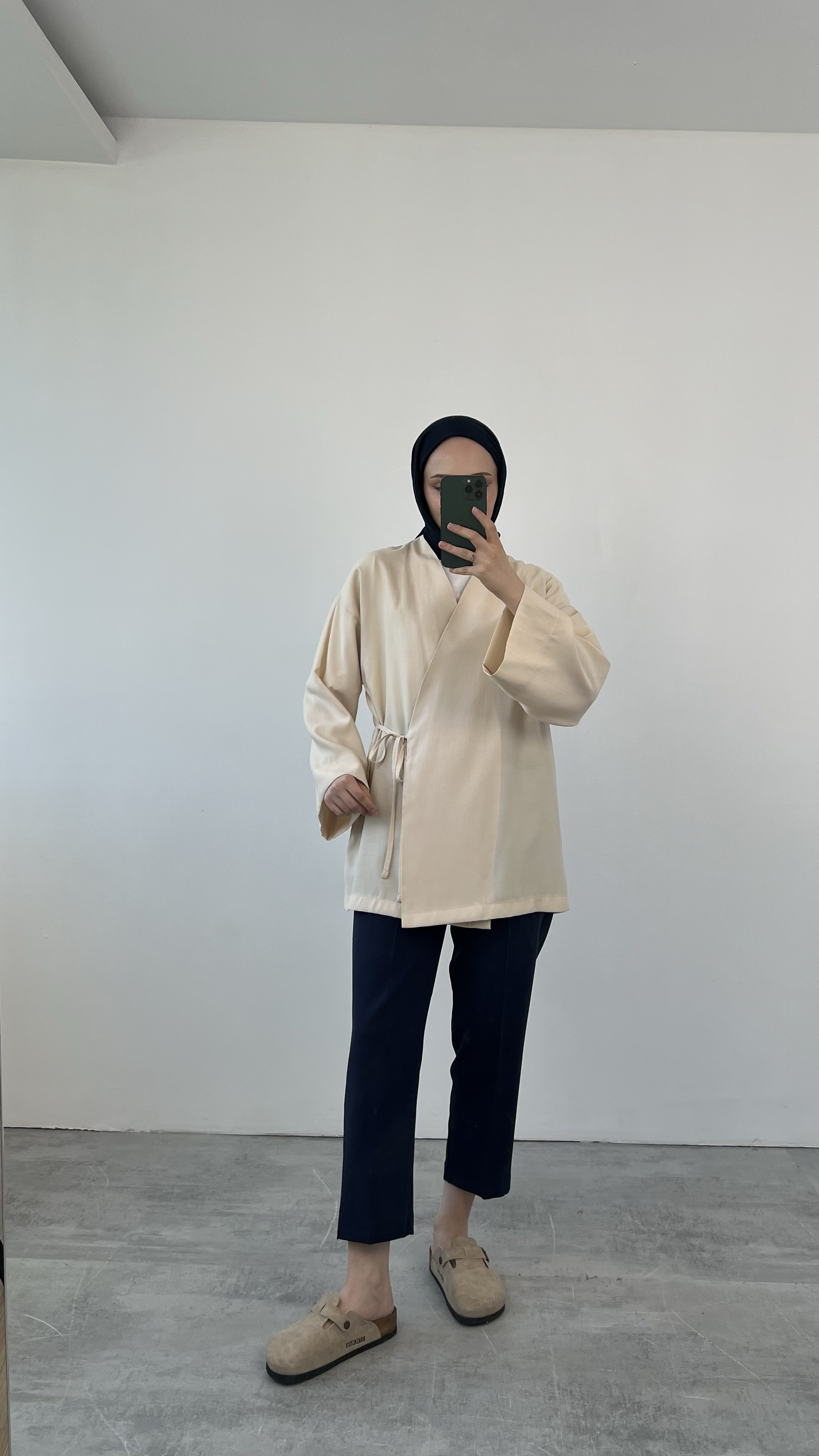 Yazlık Kumaş Yandan Bağlamalı Kimono Bej