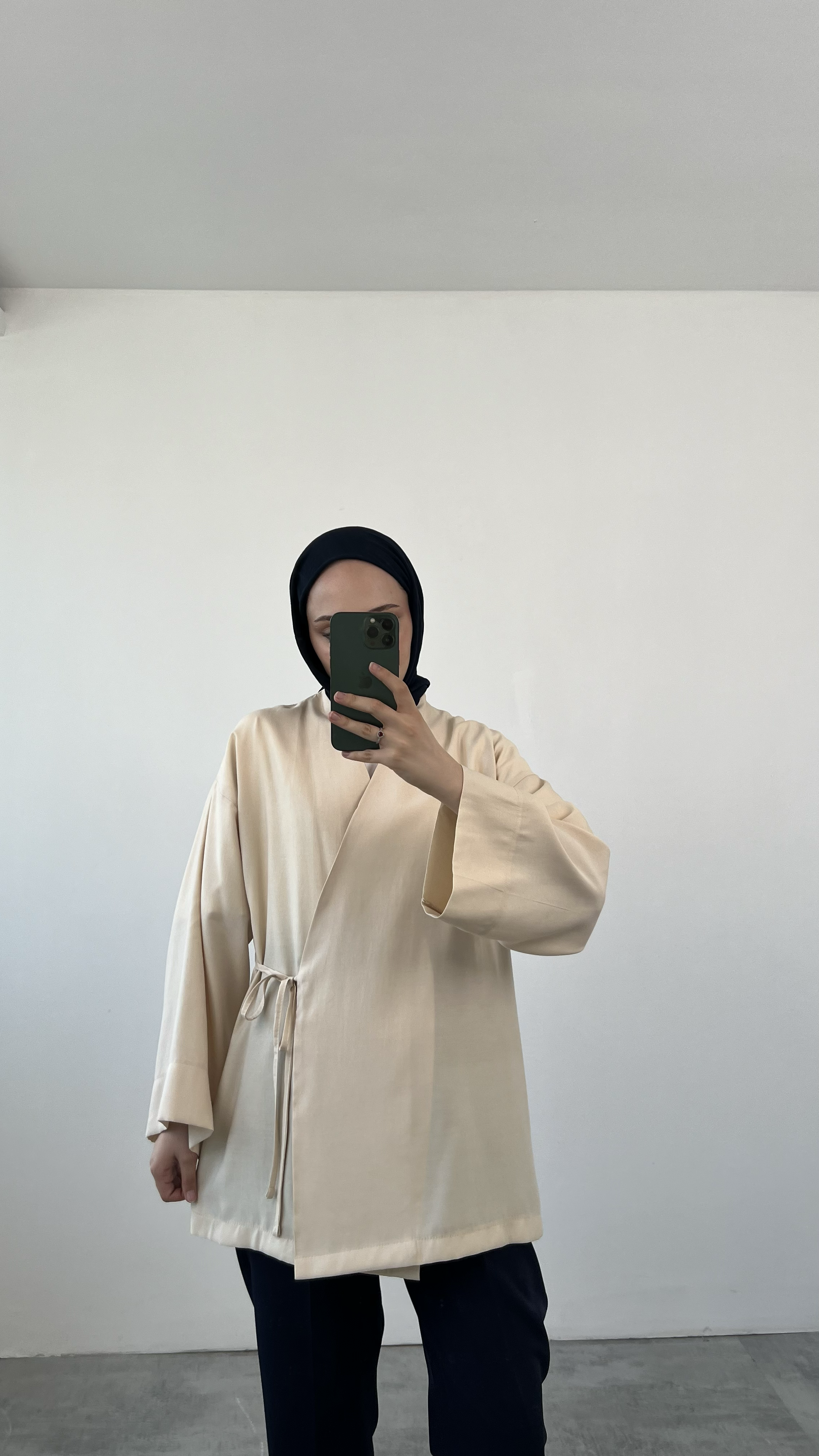 Yazlık Kumaş Yandan Bağlamalı Kimono Bej