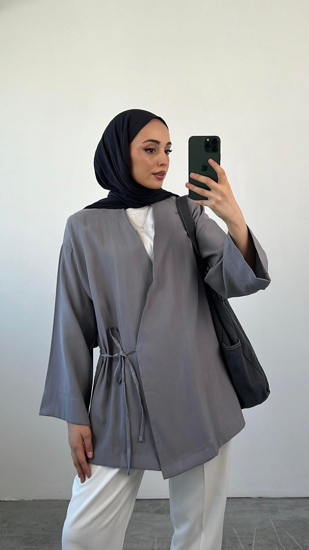 Yazlık Kumaş Yandan Bağlamalı Kimono Gri