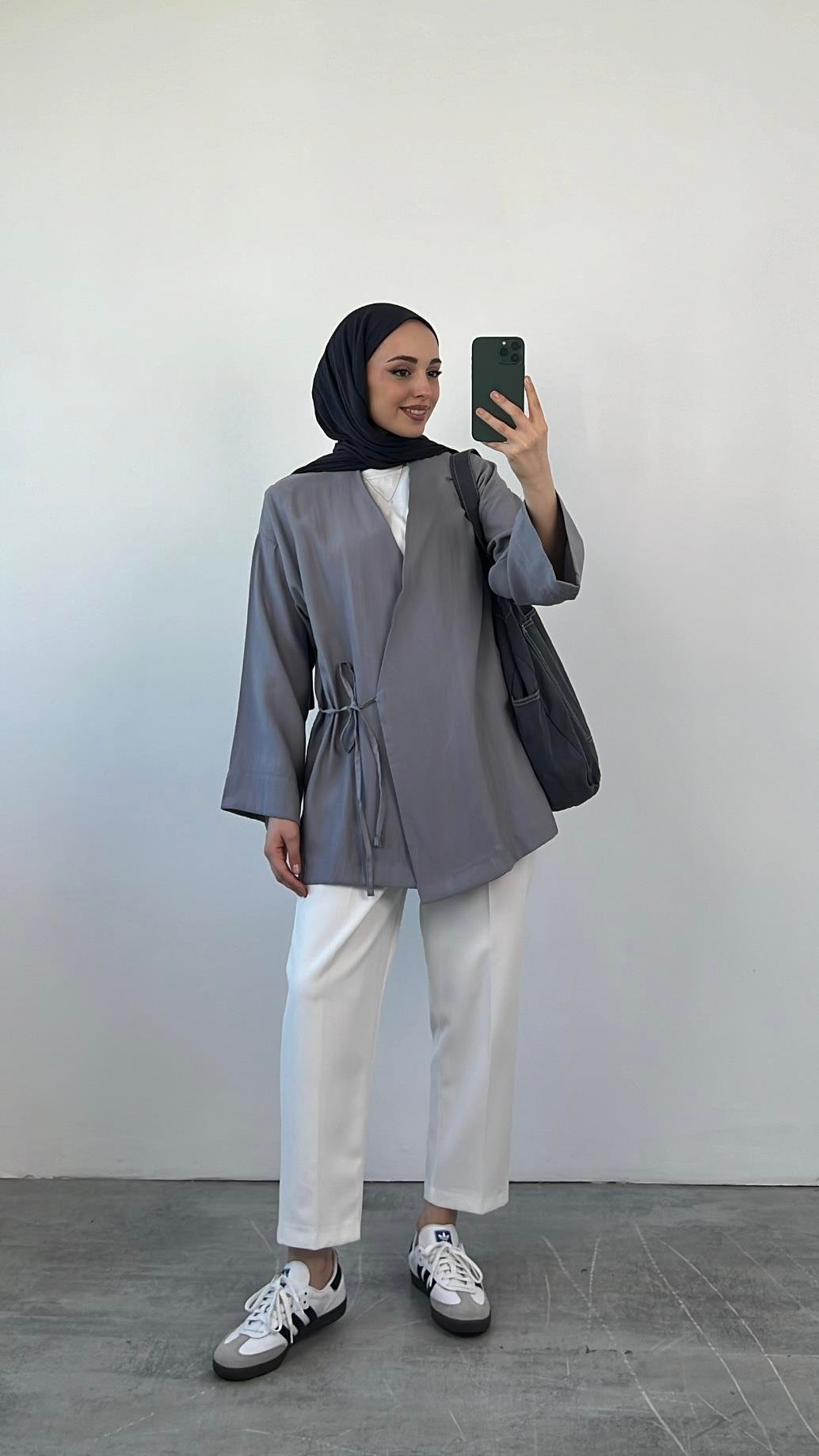 Yazlık Kumaş Yandan Bağlamalı Kimono Gri