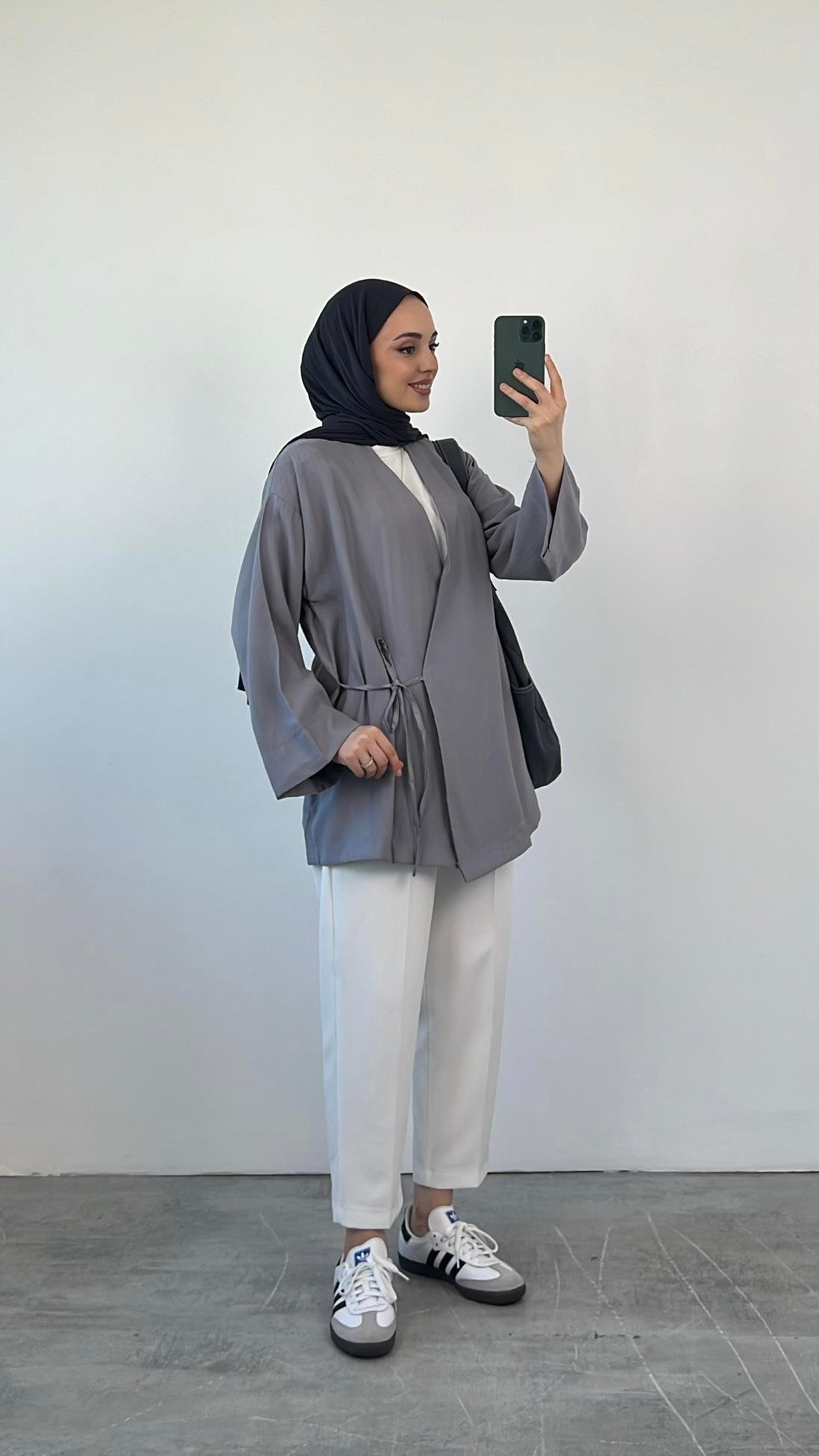 Yazlık Kumaş Yandan Bağlamalı Kimono Gri