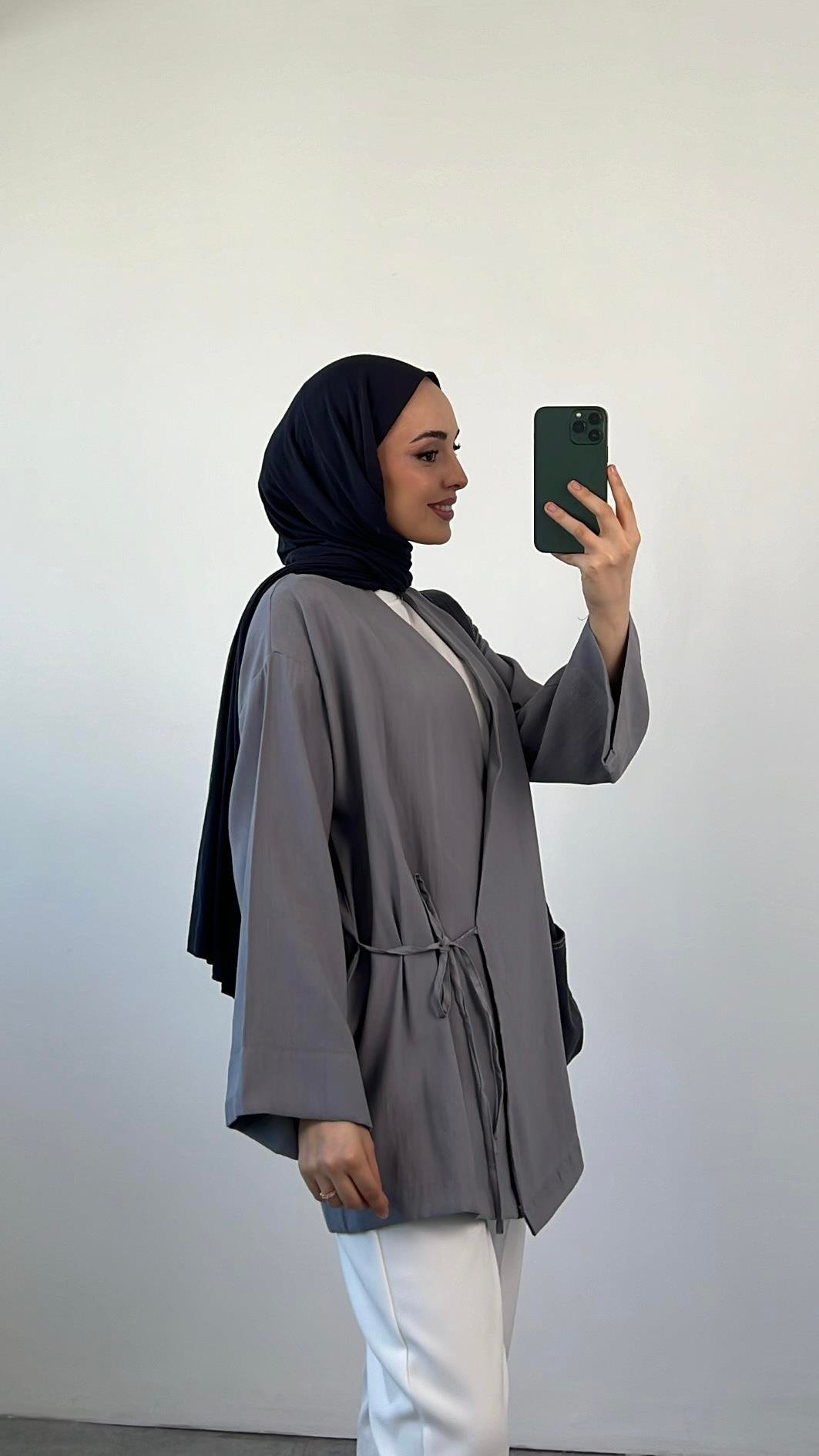 Yazlık Kumaş Yandan Bağlamalı Kimono Gri