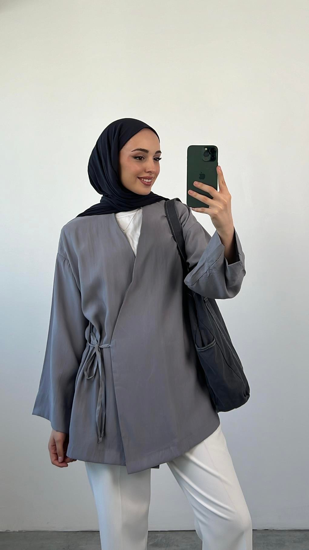 Yazlık Kumaş Yandan Bağlamalı Kimono Gri