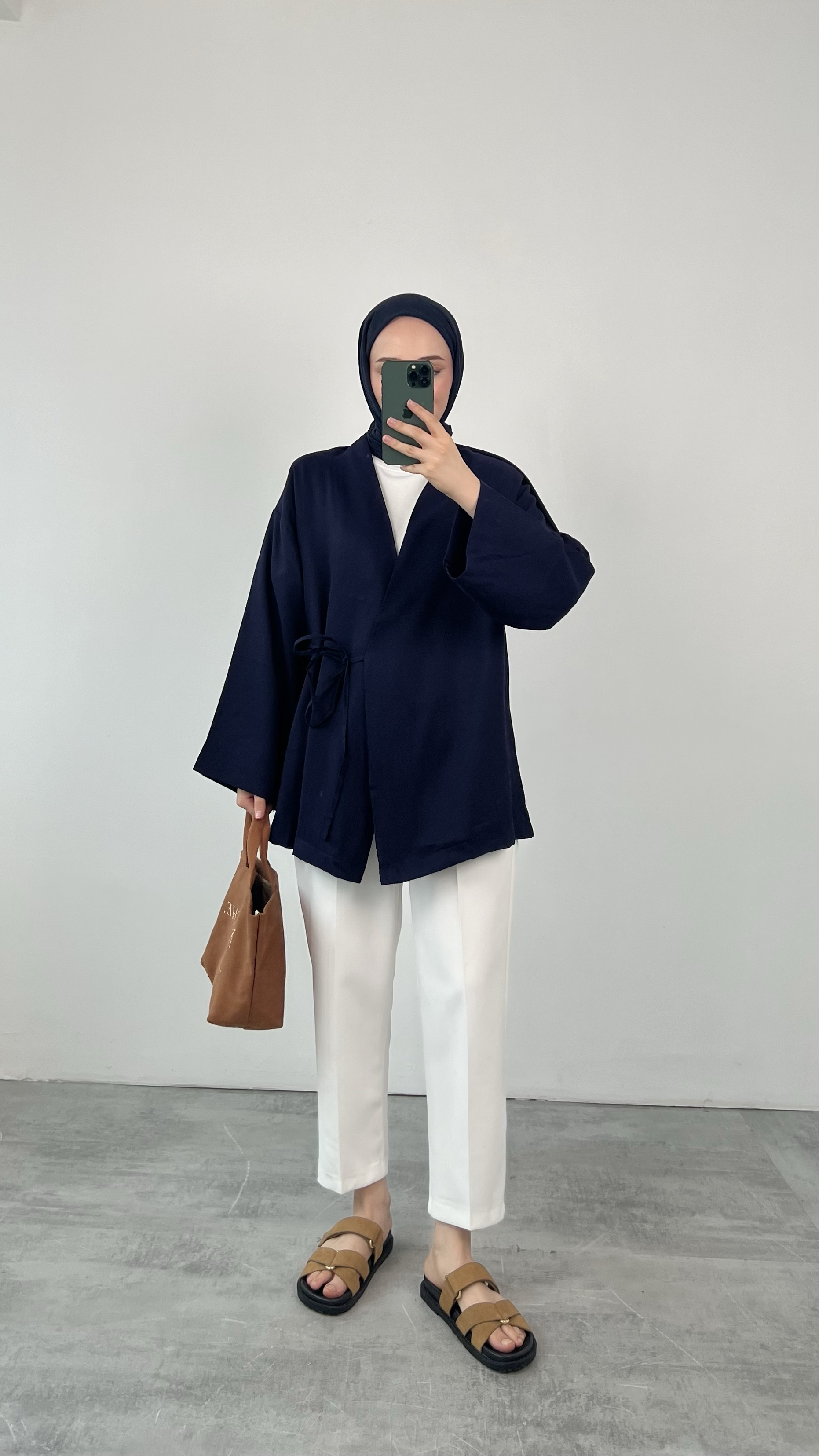 Yazlık Kumaş Yandan Bağlamalı Kimono Lacivert