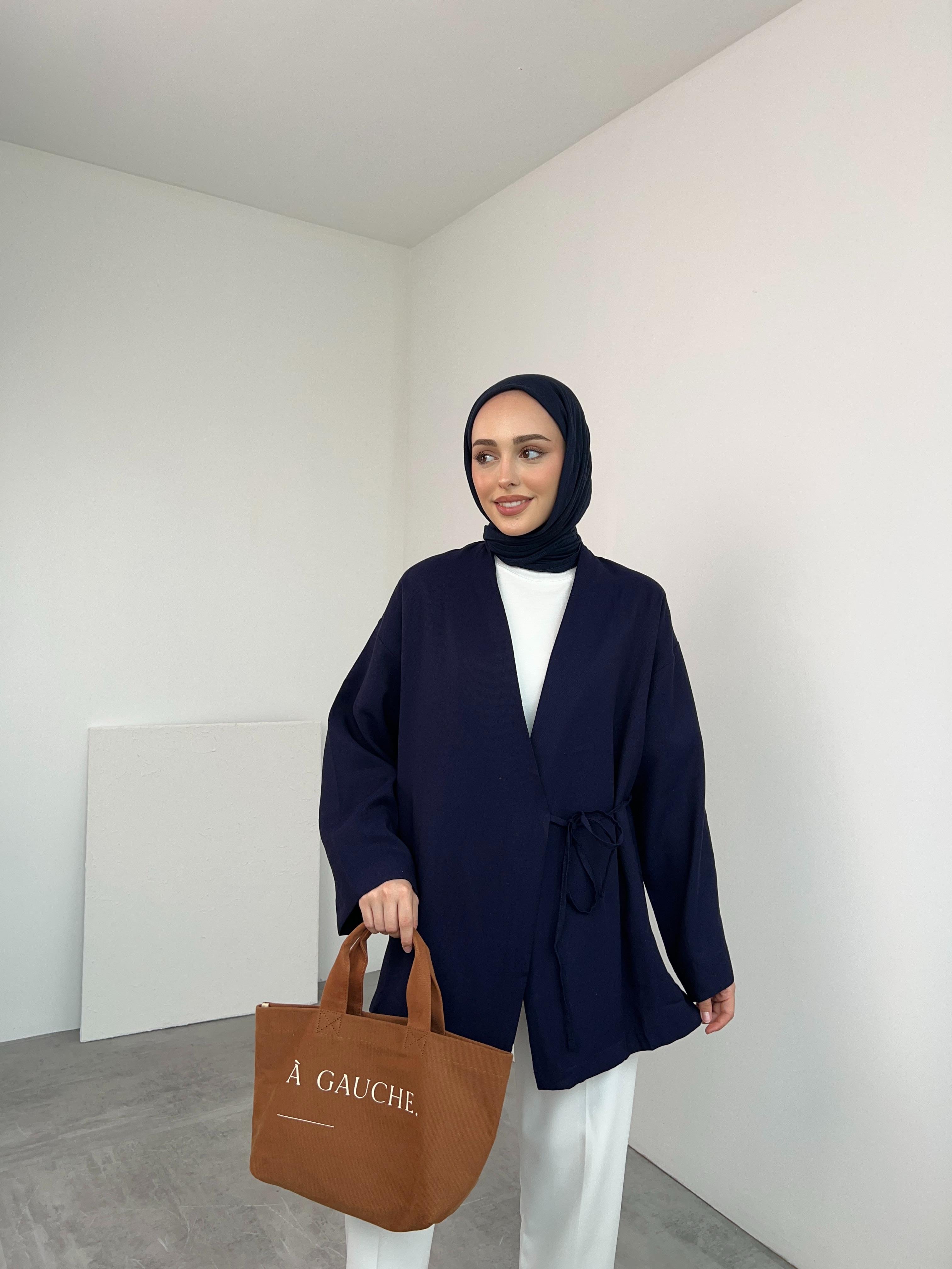 Yazlık Kumaş Yandan Bağlamalı Kimono Lacivert