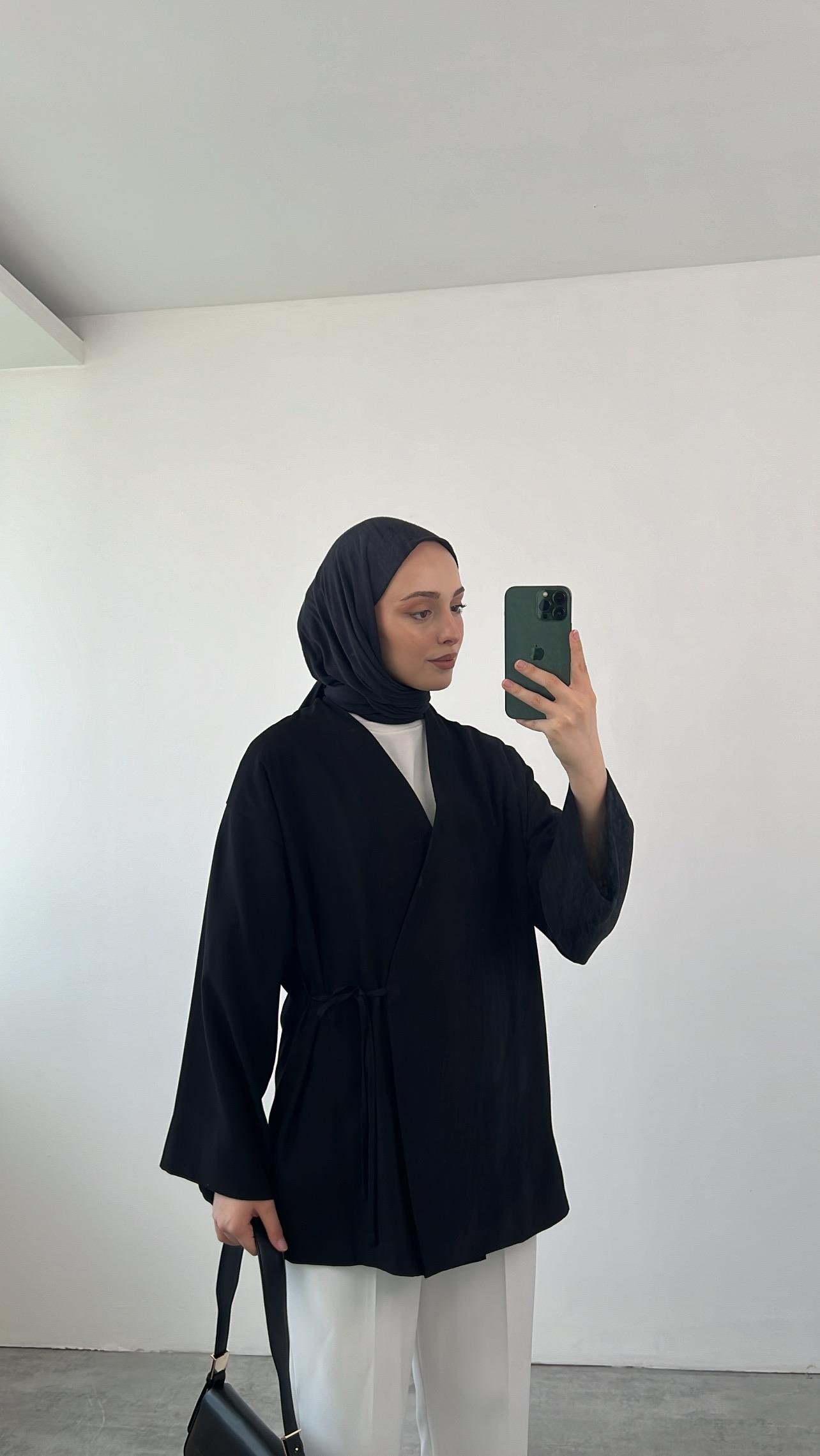 Yazlık Kumaş Yandan Bağlamalı Kimono Siyah