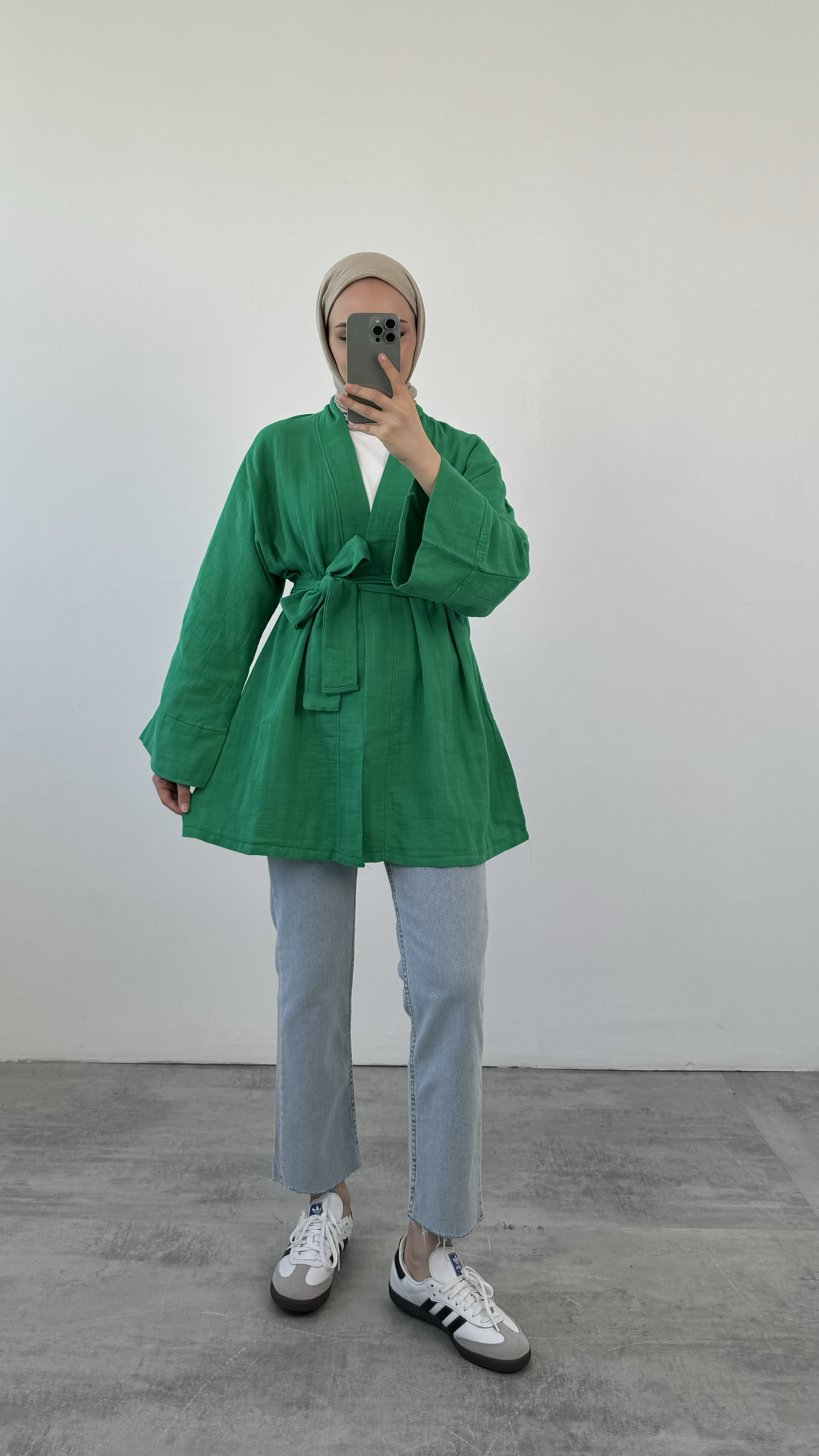 Yeşil Müslin Bağlamalı Kimono