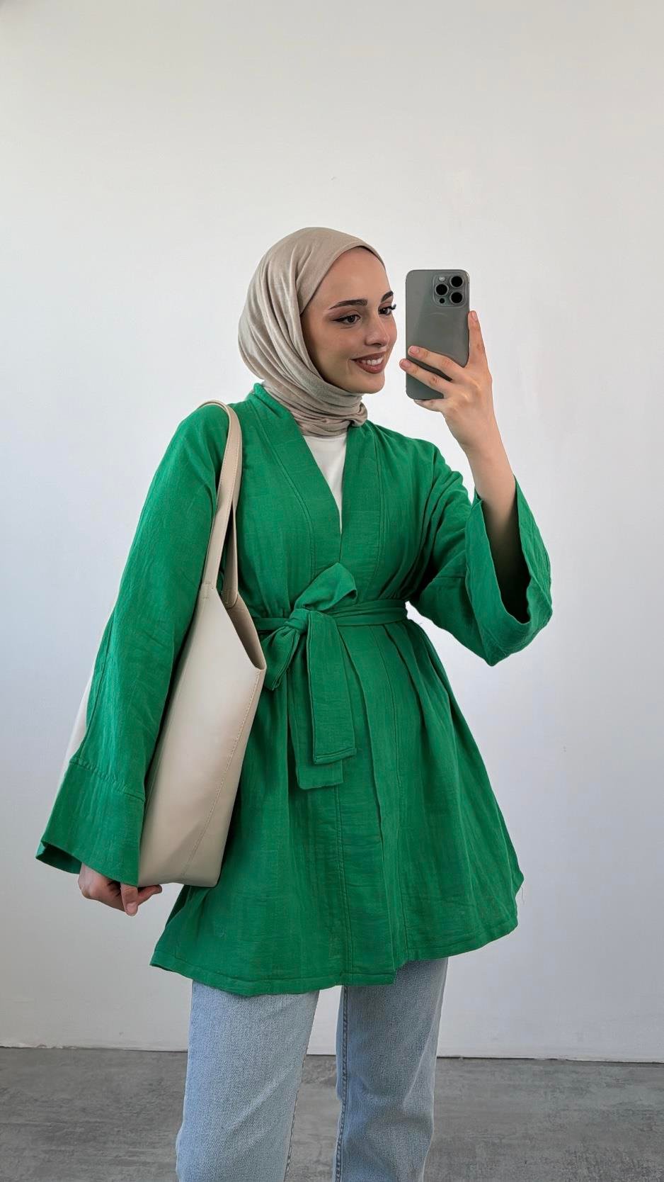 Yeşil Müslin Bağlamalı Kimono