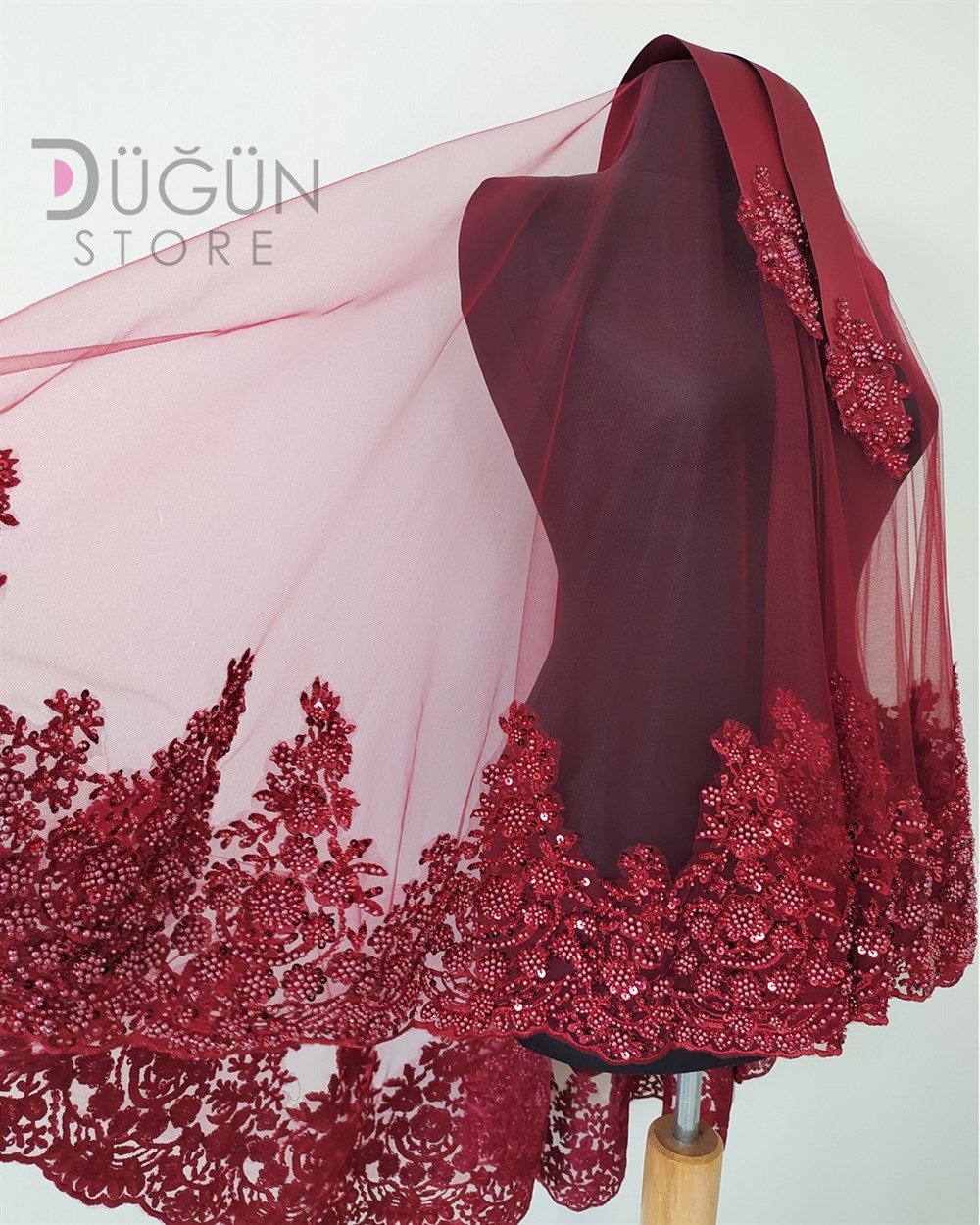  Hürrem Bordo İşlemeli Duvak ve Kuşak