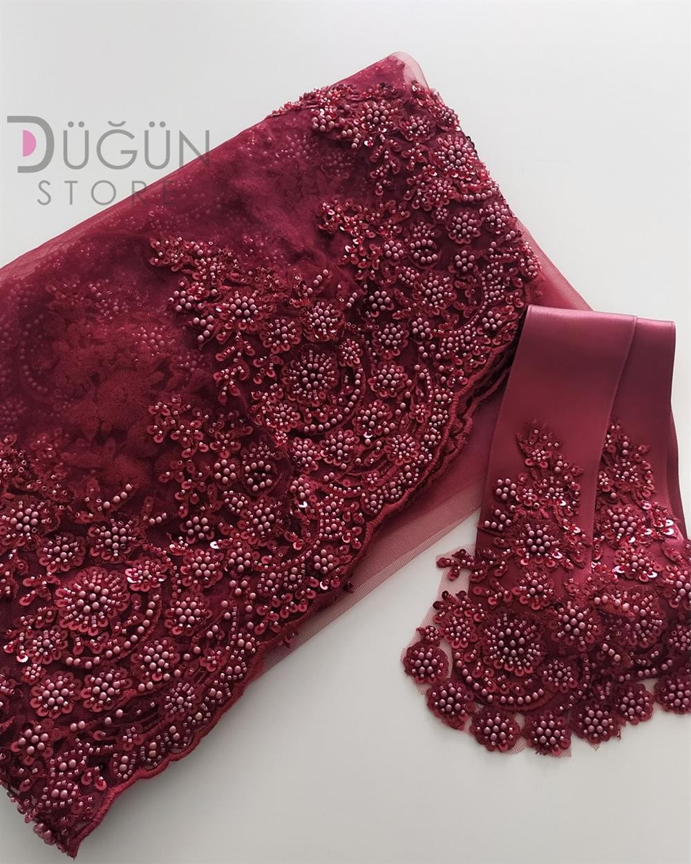  Hürrem Bordo İşlemeli Duvak ve Kuşak