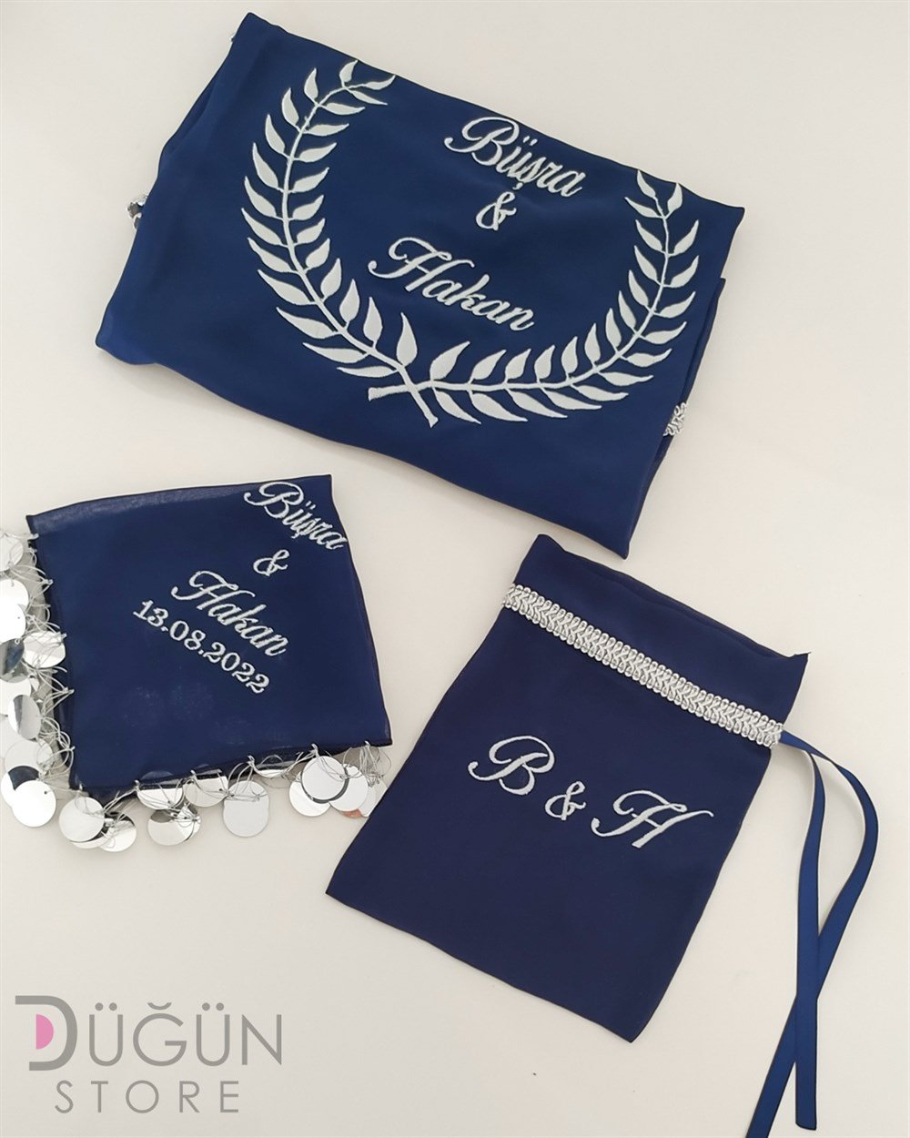 Başak Model Lacivert Renk Gümüş Nakışlı Ay Yıldızlı Damat Örtüsü Set