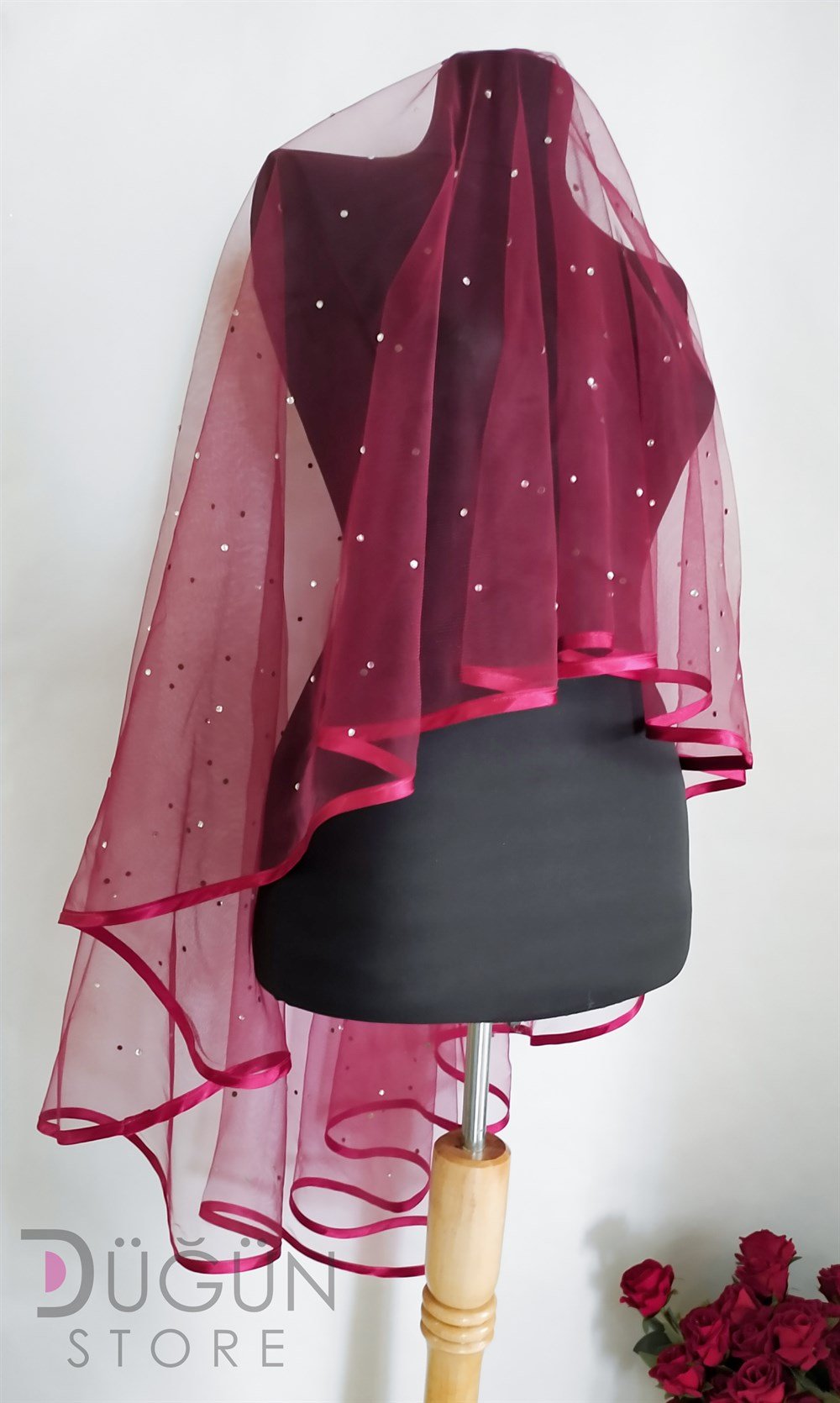 Biyeli Swarovski Taşlı Bordo Duvak 