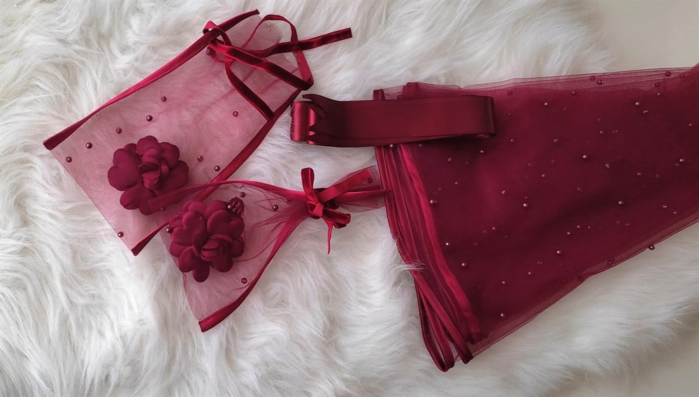Bordo İncili Duvak Kuşak ve Eldivenler  