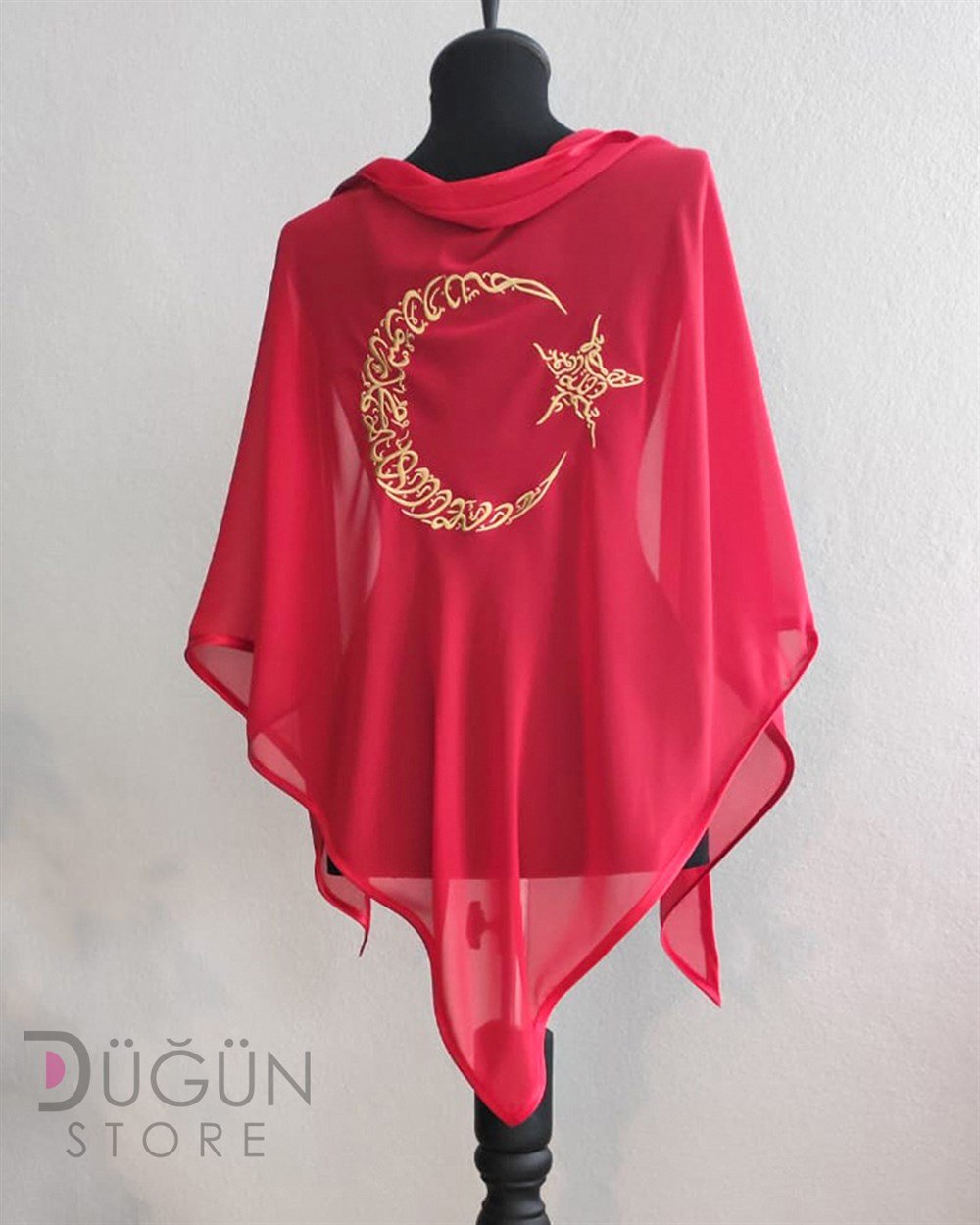 Kırmızı Gold Nakışlı Ay Yıldızlı Damat Örtüsü ve Eldiveni 