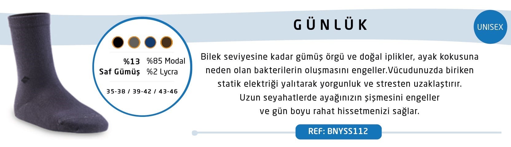 Diyabetik Çorap Unisex Gümüş 13 SİYAH - OrtoPlus