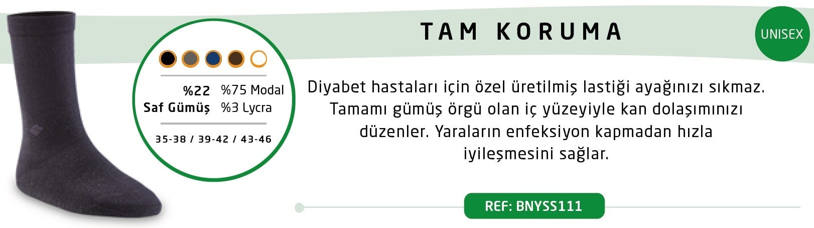 Diyabetik Çorap Unisex Gümüş 22 SİYAH - OrtoPlus
