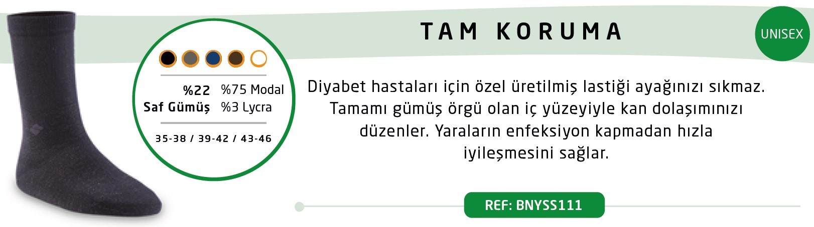 Diyabetik Çorap Unisex Gümüş 22 SİYAH - OrtoPlus
