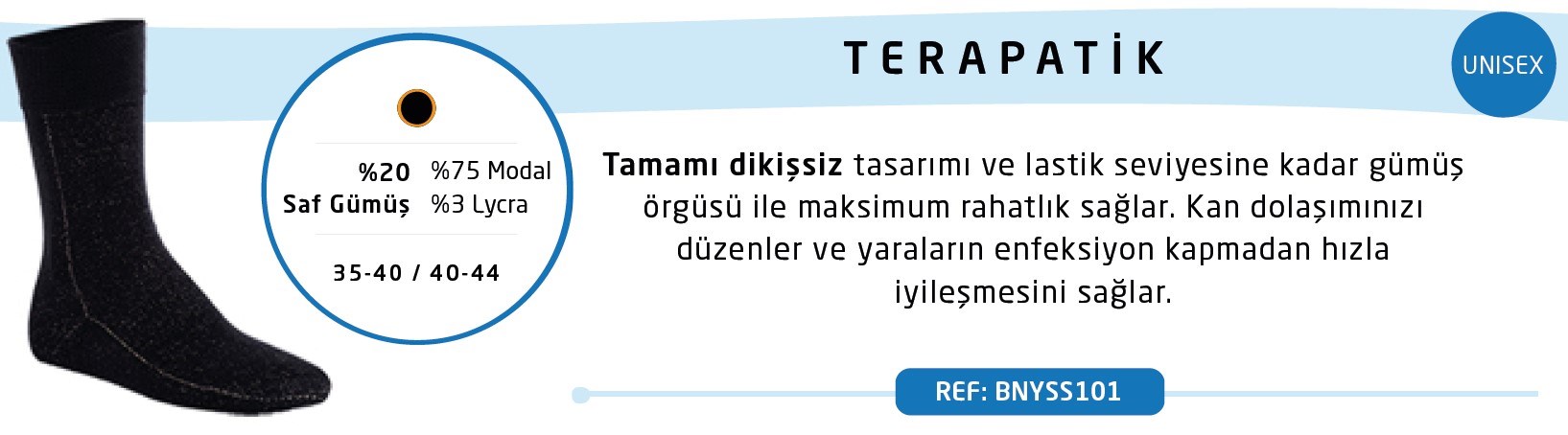 Diyabetik Çorap Unisex Gümüş Terapatik SİYAH - OrtoPlus