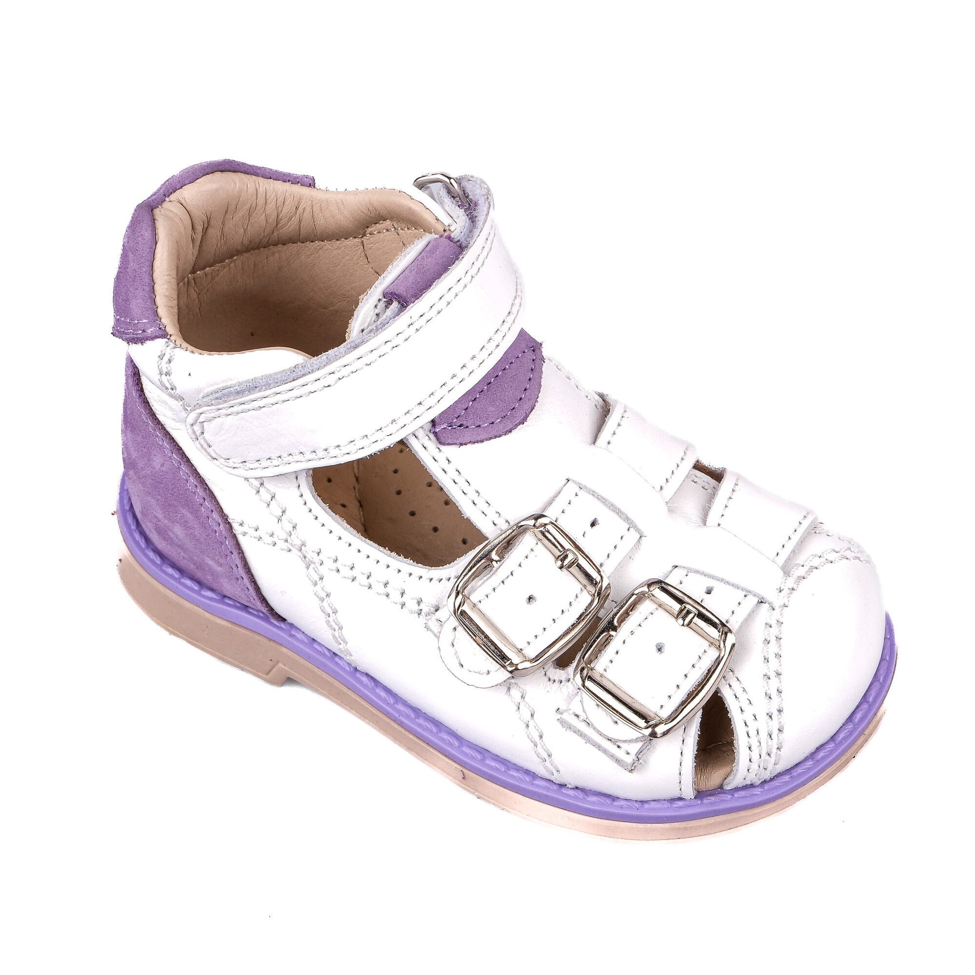 Ortoplus Deri Ortopedik Bebe Sandalet K C646-1 BEYAZ - LİLA - OrtoPlus