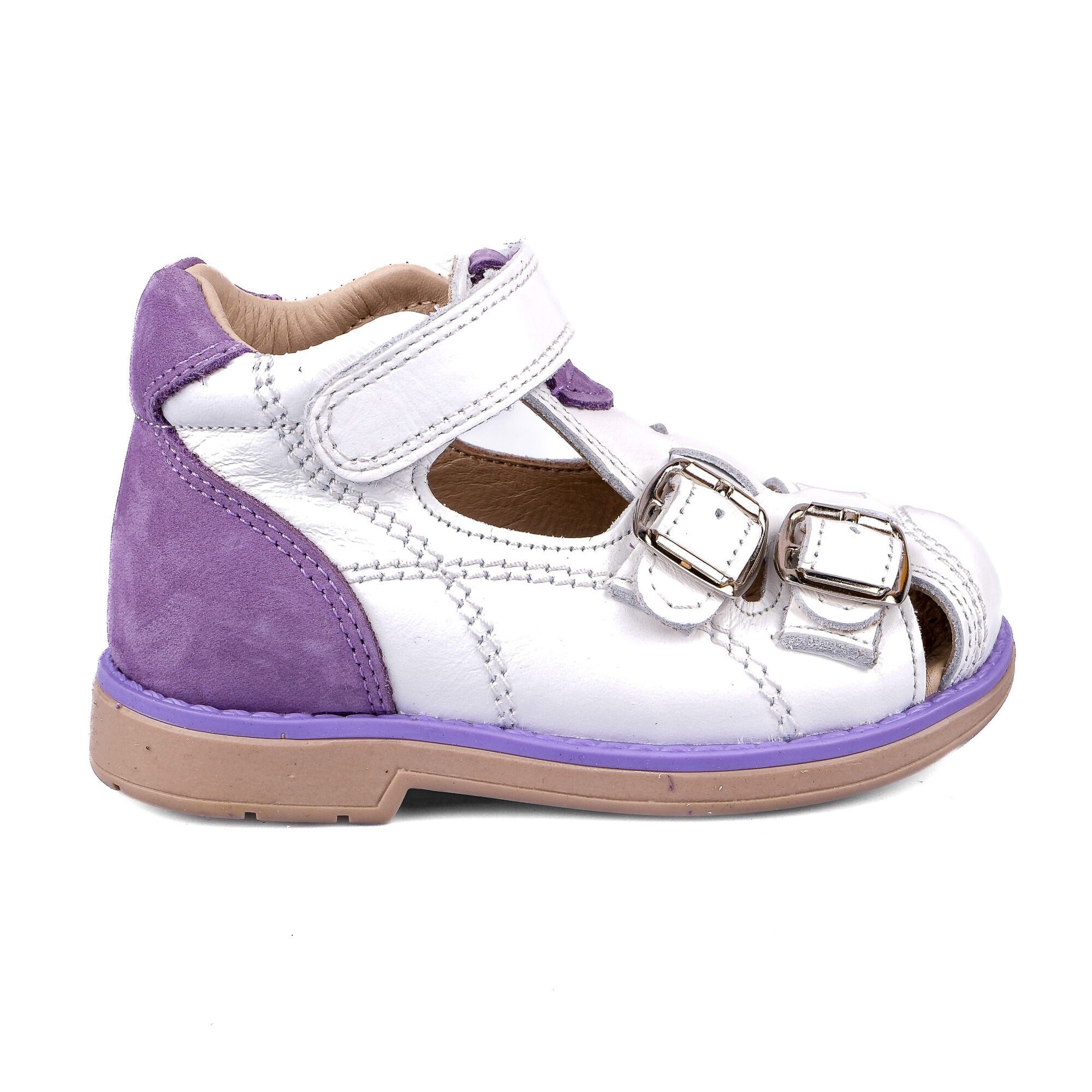 Ortoplus Deri Ortopedik Bebe Sandalet K C646-1 BEYAZ - LİLA - OrtoPlus