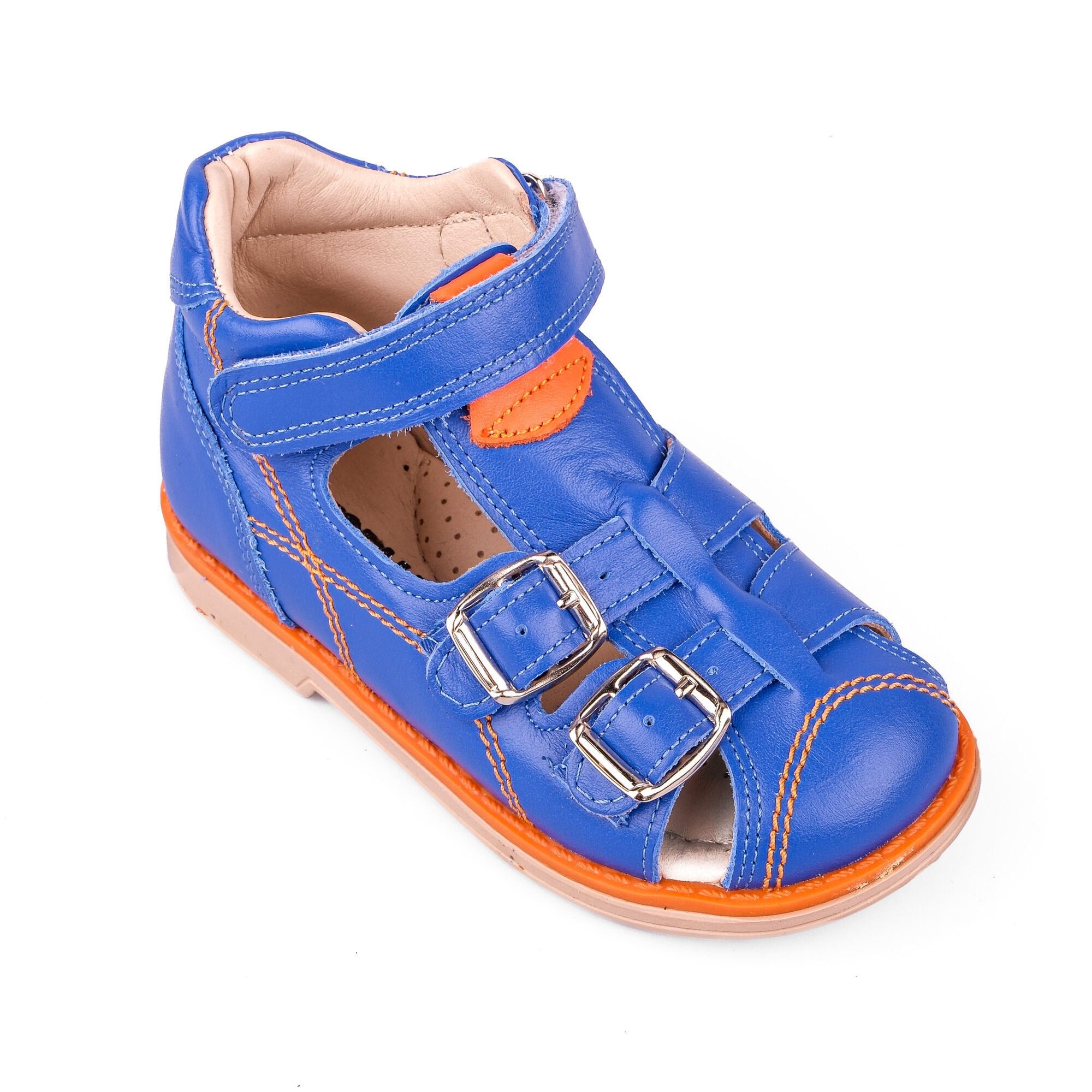 Ortoplus Deri Ortopedik Bebe Sandalet K C646-1 SAX MAVİ - TURUNCU - OrtoPlus