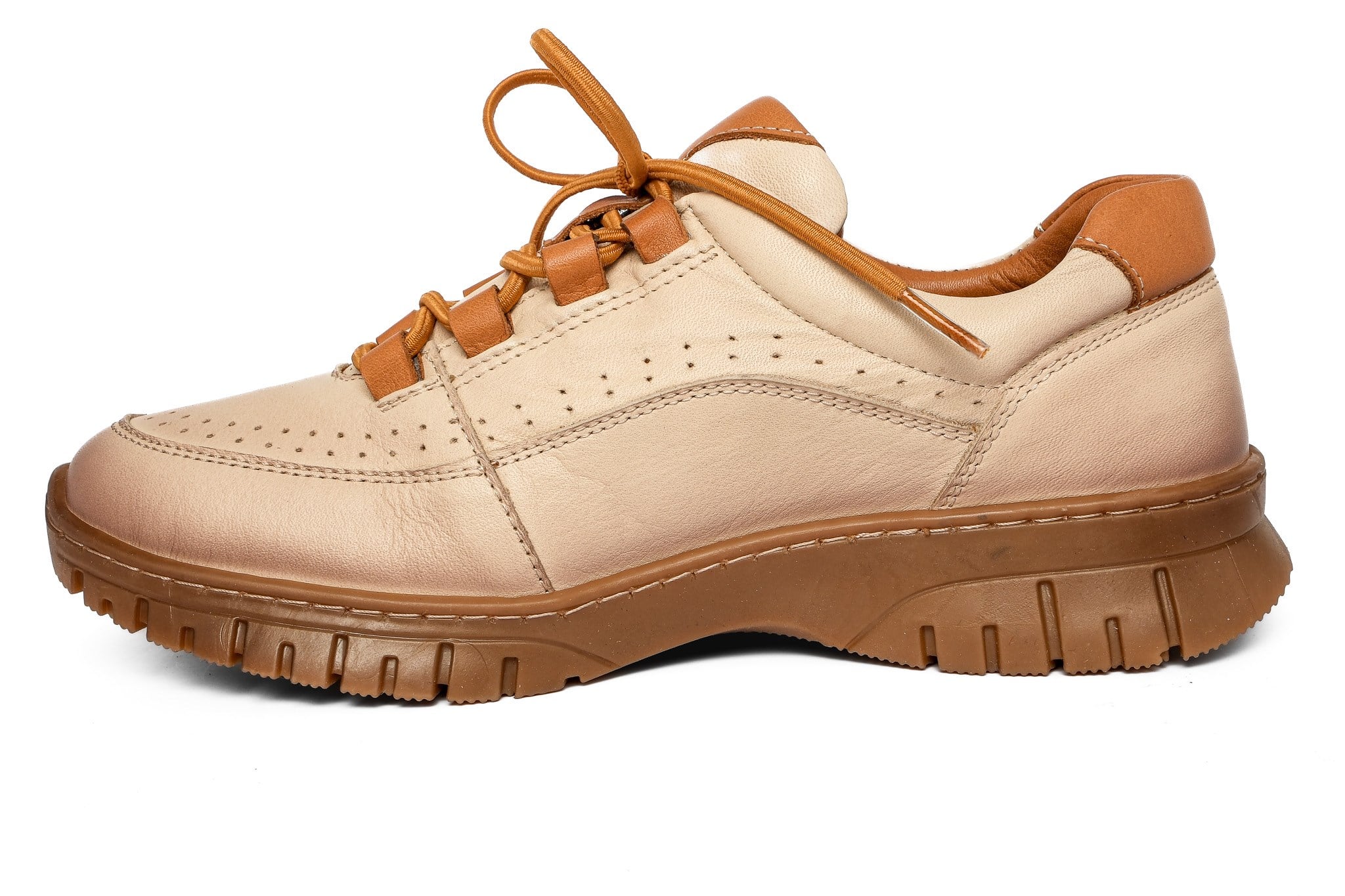 Ortoplus Deri Ortopedik Kadın Sneaker Ayakkabı Bağcıklı ND26061 BEJ - OrtoPlus