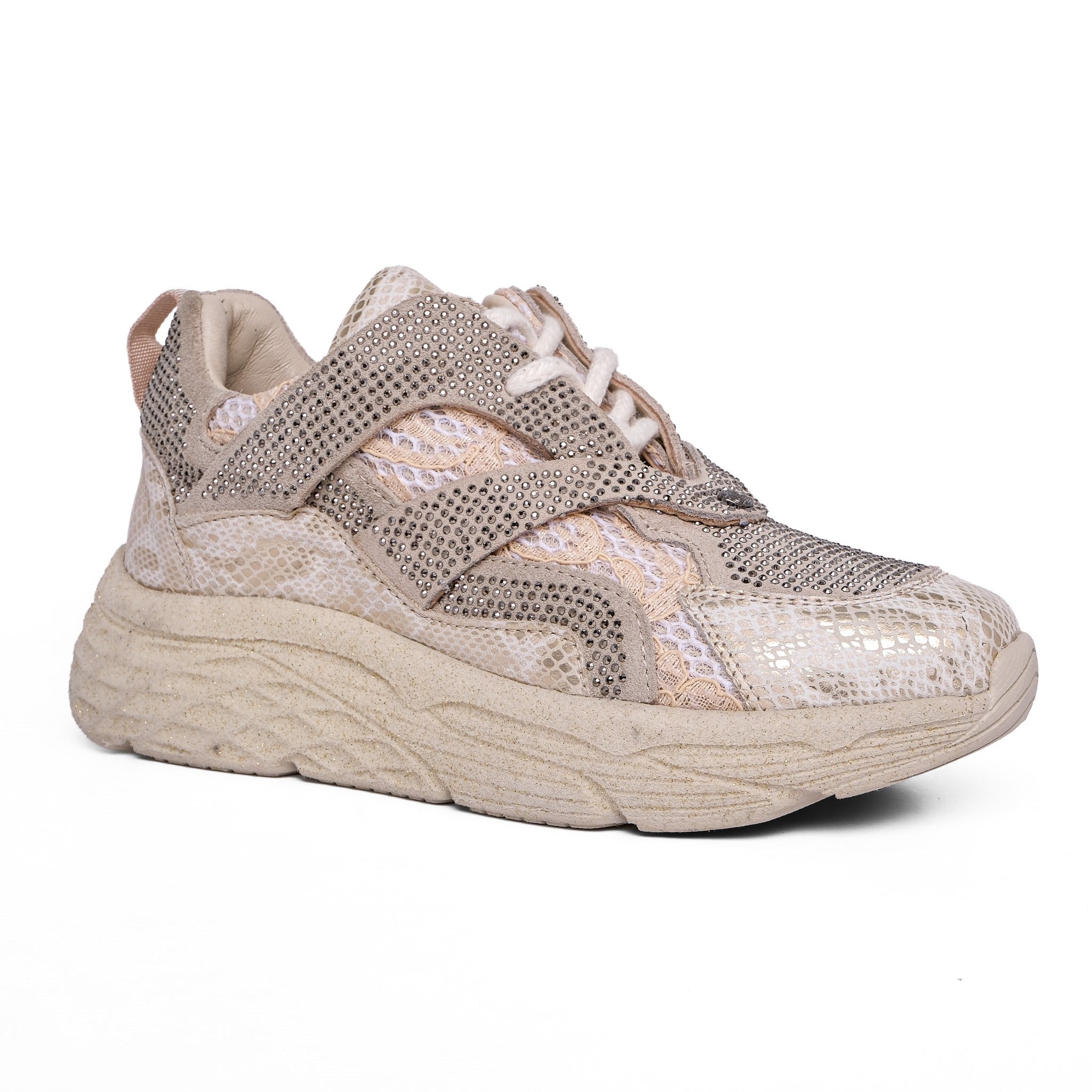 Ortoplus Deri Ortopedik Kadın Sneaker Ayakkabı Taşlı ET3242 ALTIN SİMLİ - OrtoPlus