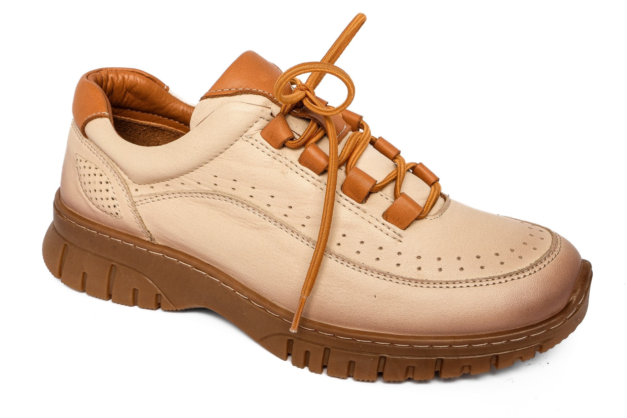 Ortoplus Deri Ortopedik Kadın Sneaker Ayakkabı Bağcıklı ND26061 BEJ - OrtoPlus
