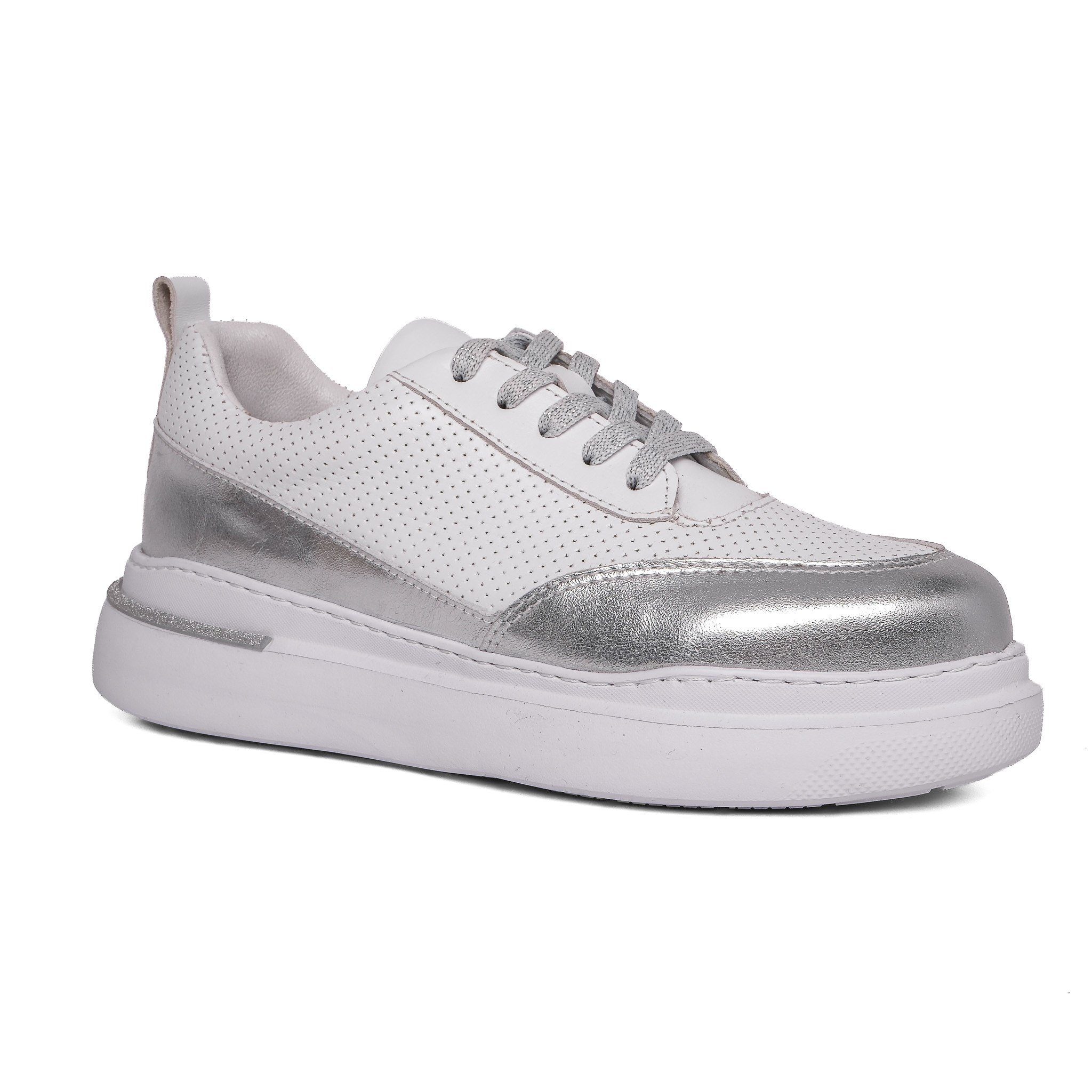 Ortoplus Deri Ortopedik Kadın Sneaker Ayakkabı ET3060 BEYAZ - GÜMÜŞ - OrtoPlus